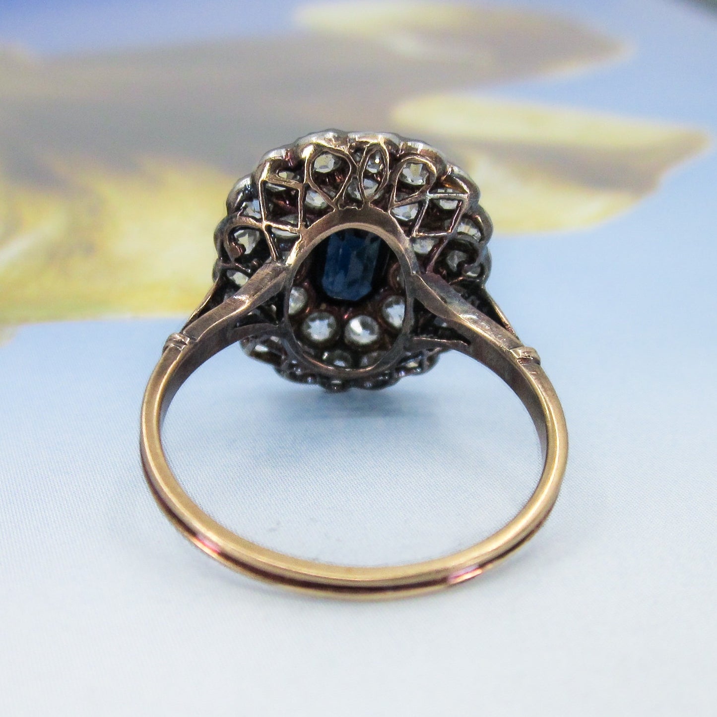 SOLD--Edwardian Sapphire and Diamond Cluster Ring Platinum/14k c. 1910