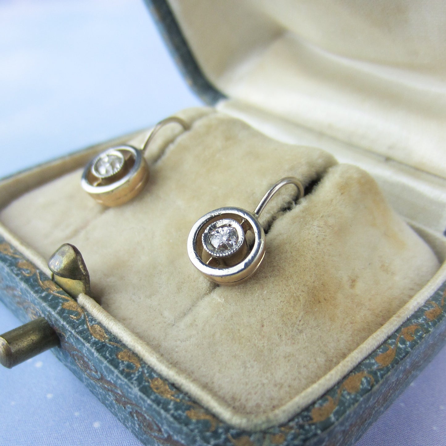 SOLD--Art Deco Old European Diamond Bezel Earrings 14k