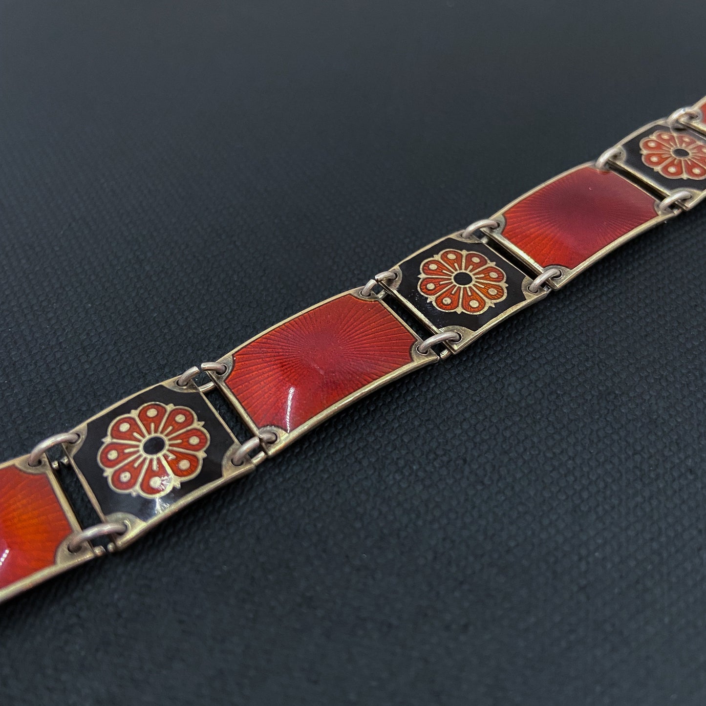 SOLD-MidCentury Red and Black Guilloche Enamel Bracelet Gilt Sterling, David Andersen Norway c. 1950