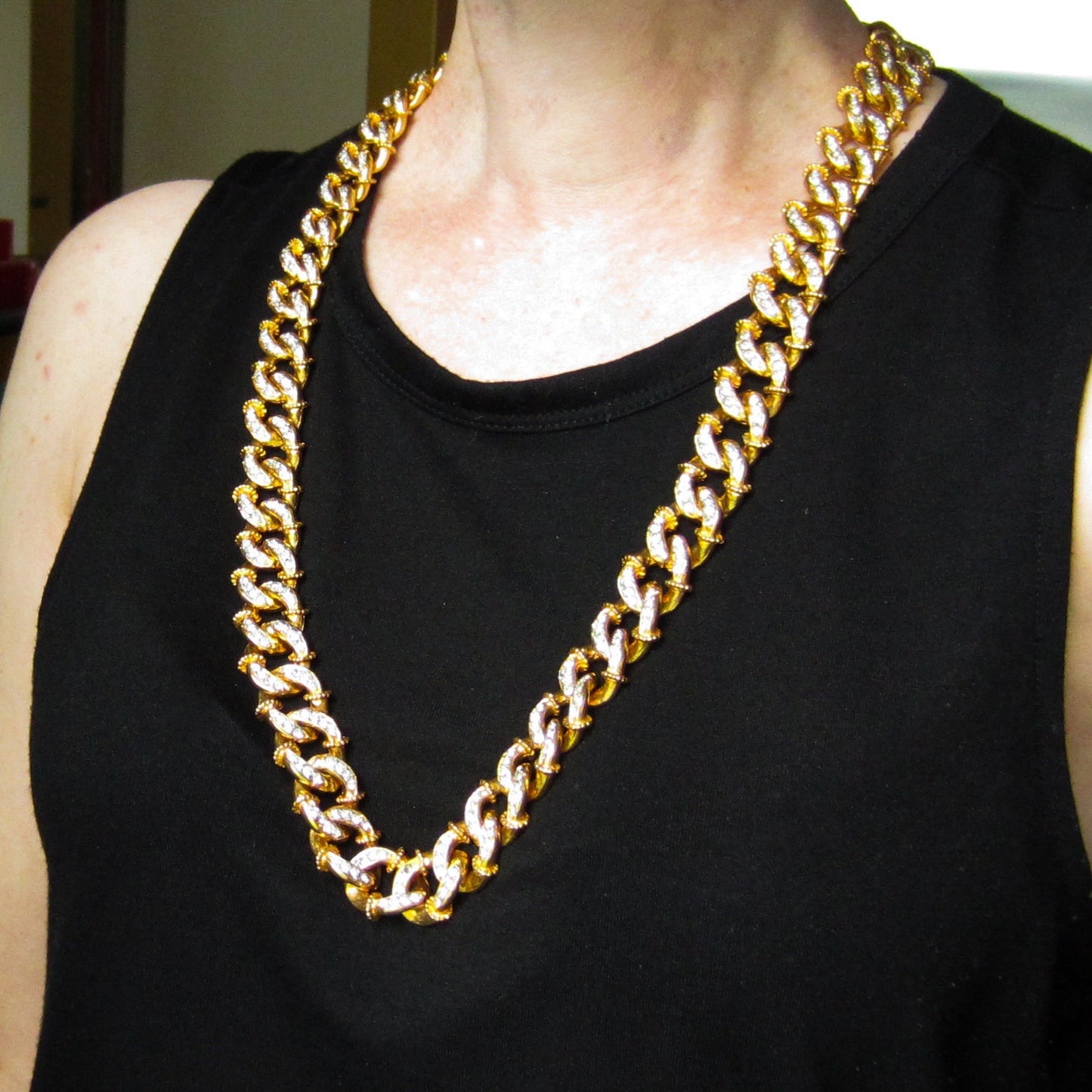 SOLD--Vintage Massive KJL Crystal Curb Link Chain Gold Plate c 1960’s