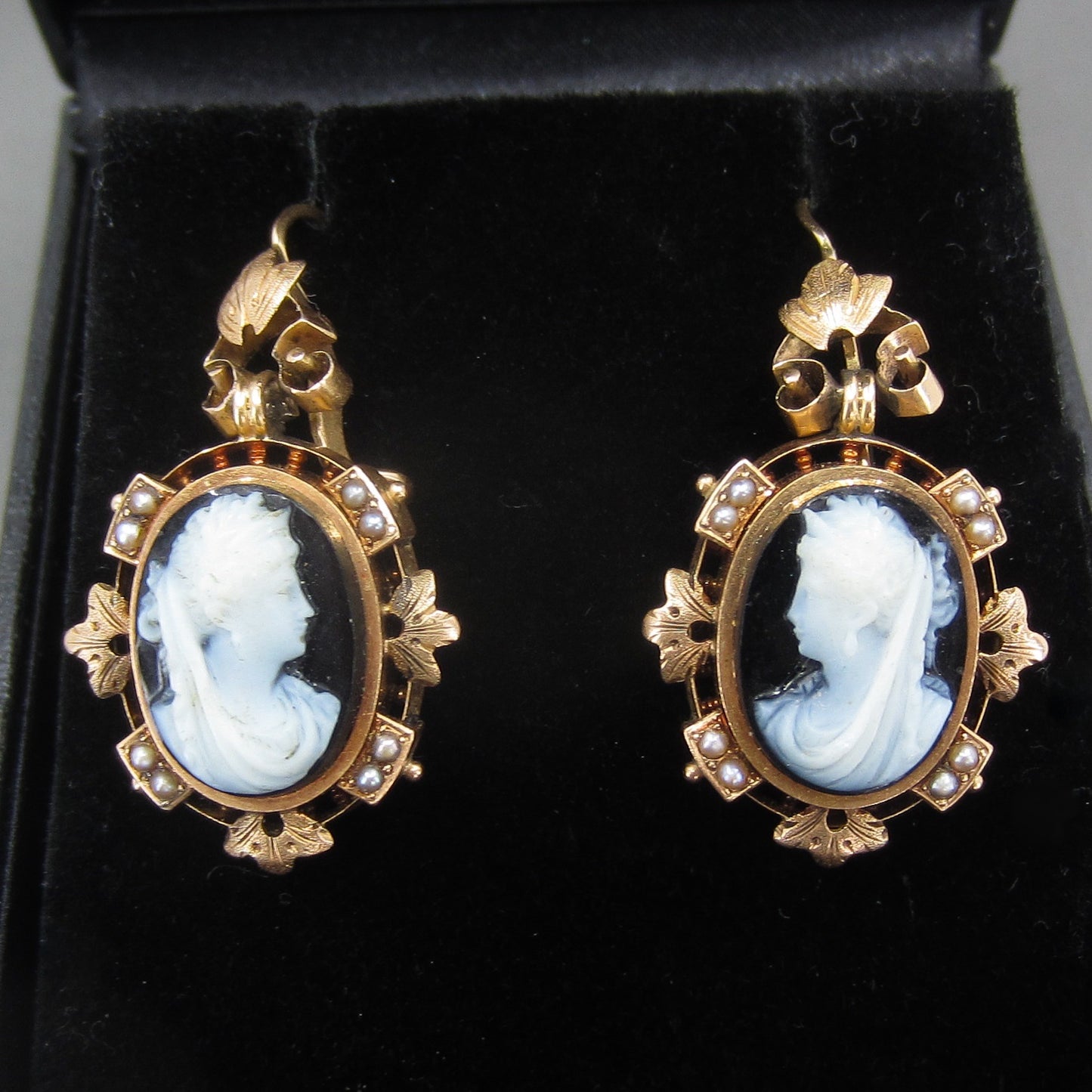 SOLD— Victorian Hardstone Cameo and Pearl Earrings 14k c. 1880