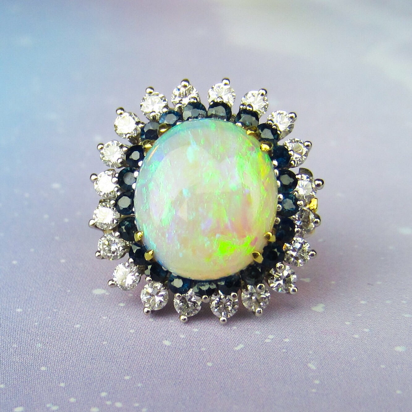 SOLD--Fabulous Mid-Century Opal, Diamond and Sapphire Ring 18k c. 1960