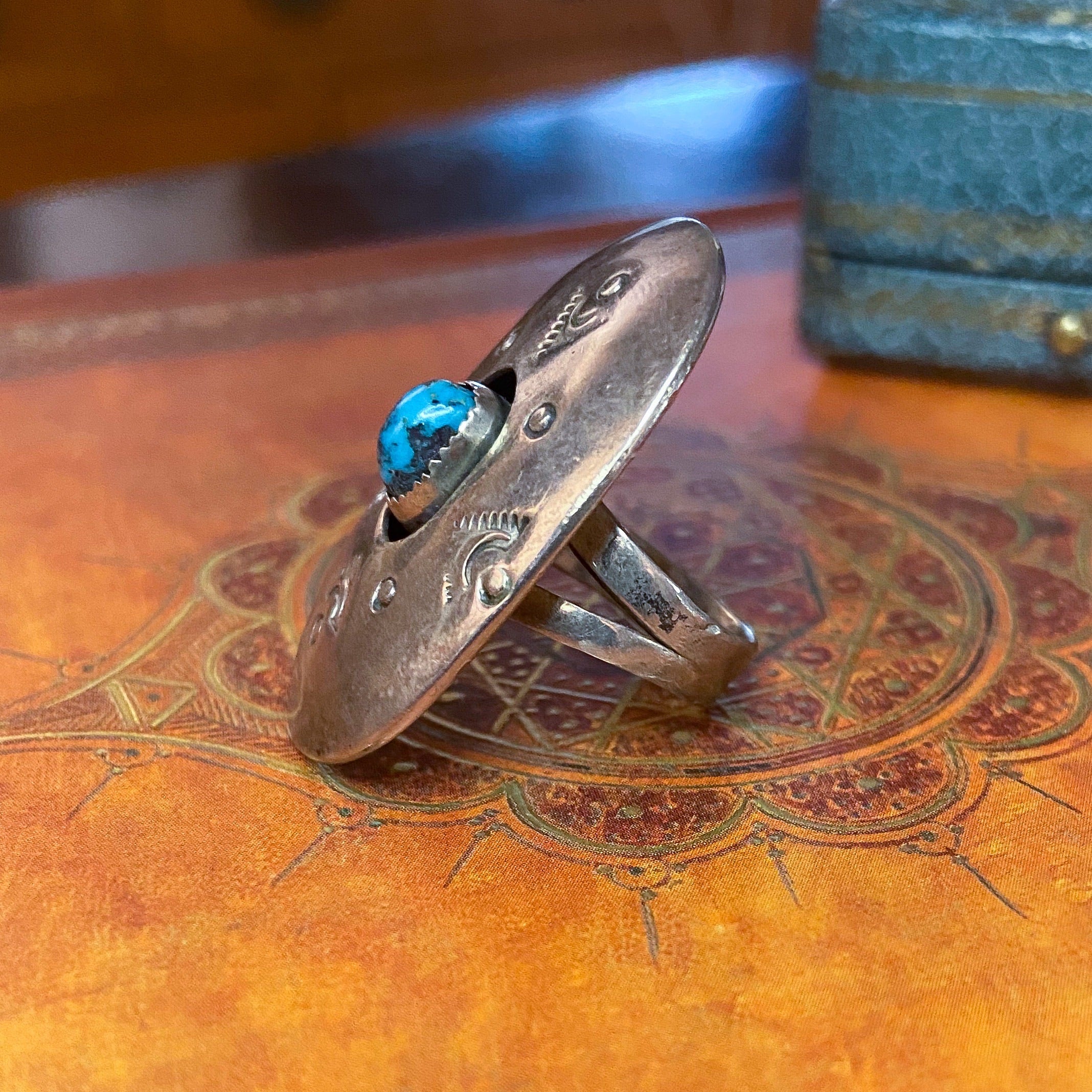 Giant Turquoise Shadow Box Ring Sterling c. 1960 – Bavier Brook