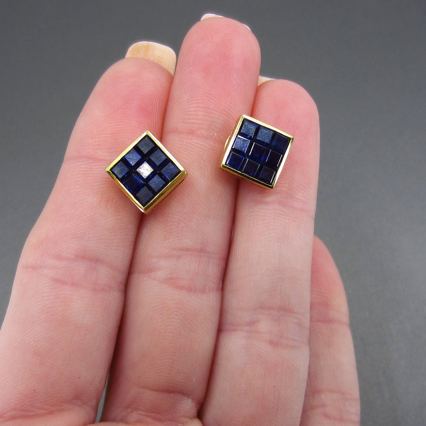 Vintage Square Cut Sapphire Cluster Earrings 18k c. 1980