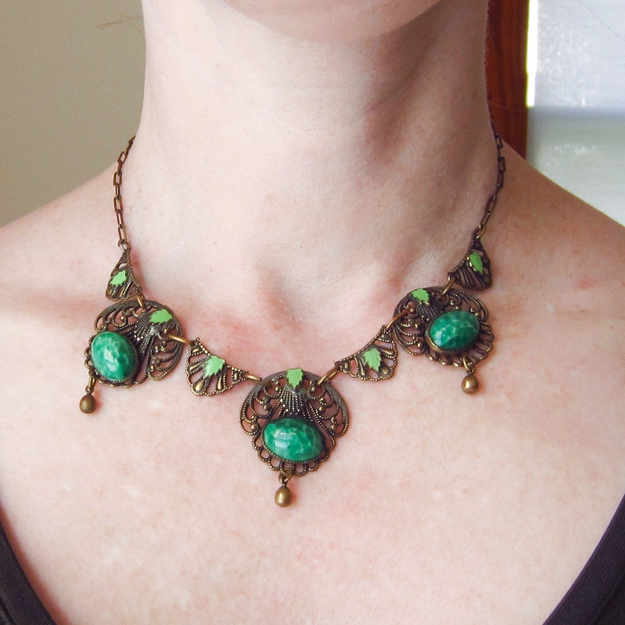 SOLD--Art Deco Czech Enamel and Art Glass Necklace Brass c. 1930