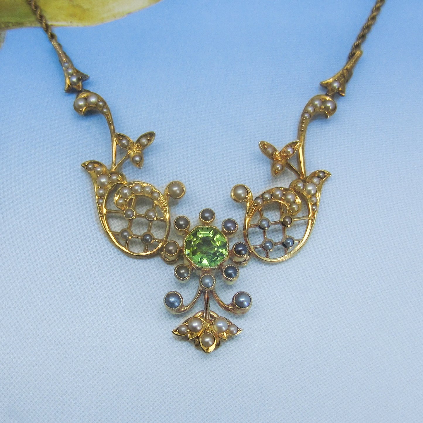 SOLD--Edwardian Peridot and Pearl Necklace 15k, British c. 1900