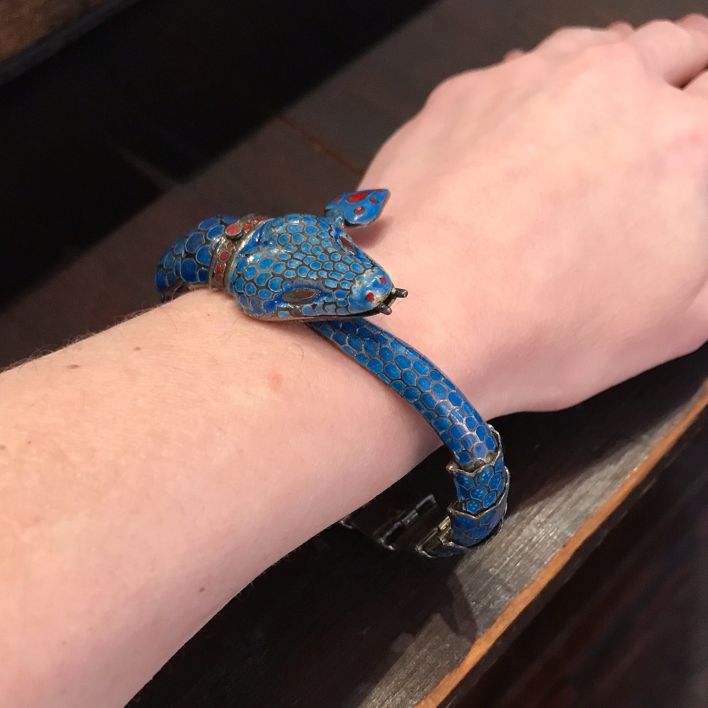 SOLD--Mid-Century Enamel Snake Bracelet Sterling, Taxco c. 1970