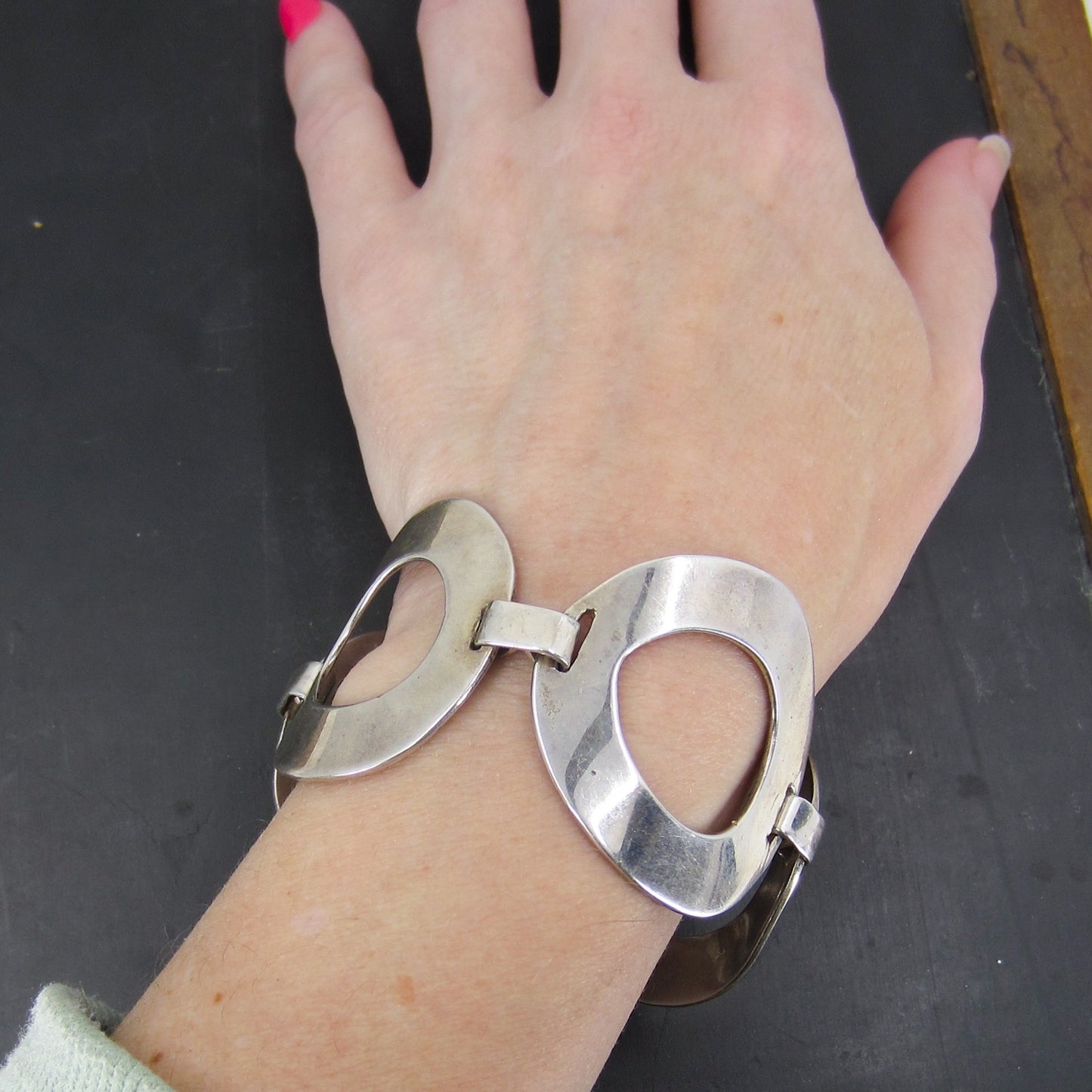 SOLD-Big Modernist Circles Bracelet Sterling c. 1970