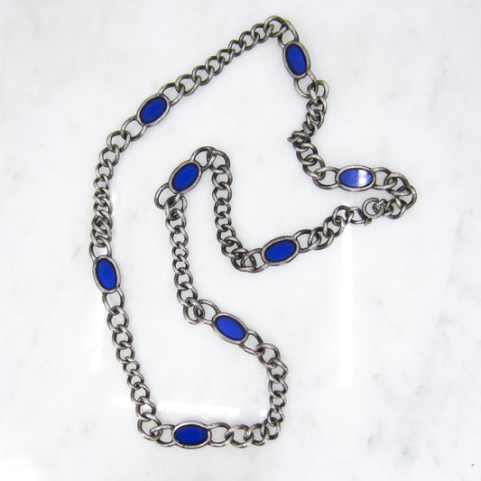 Vintage Long Cobalt Glass Chain Sterling c. 1970