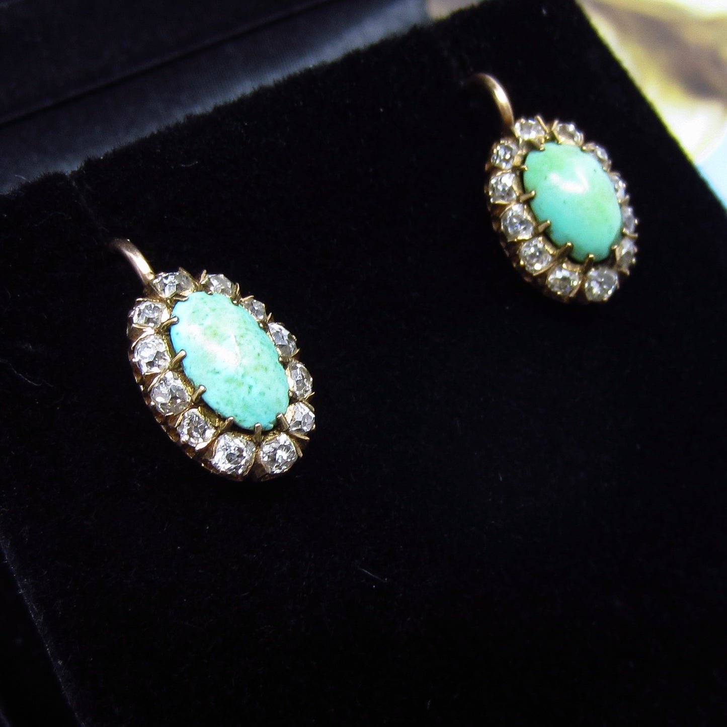 SOLD—Victorian Turquoise and Old Mine Diamond Earrings 14k c. 1880