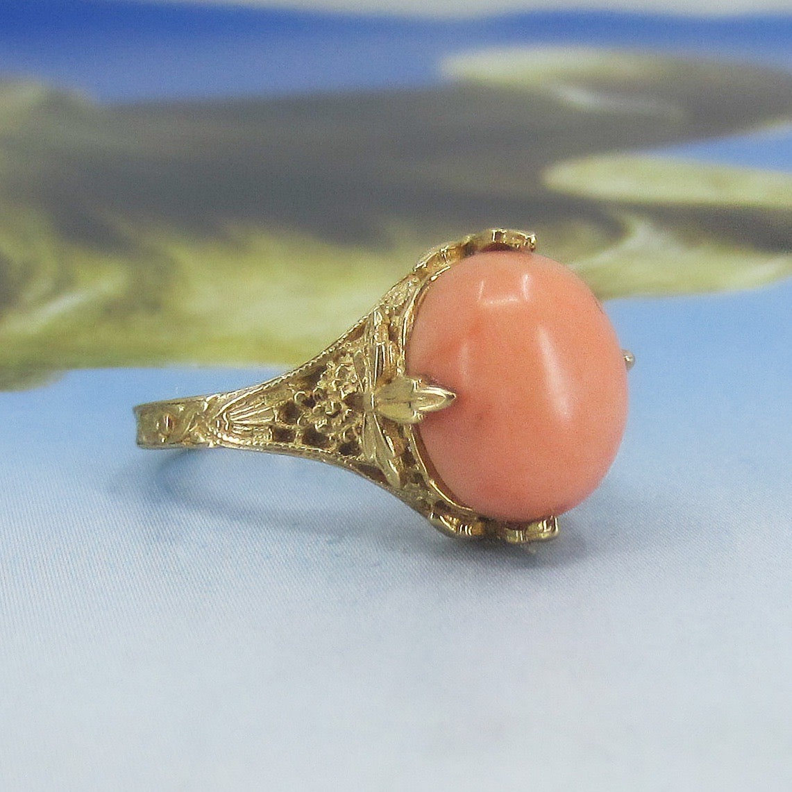 SOLD-Art Deco Coral Filigree Ring 14k c. 1930