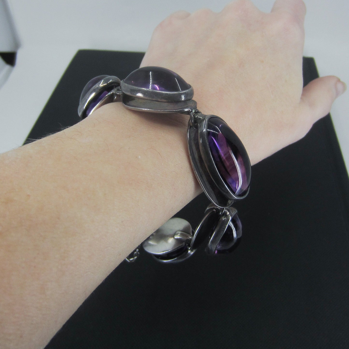 SOLD--Antonio Pineda Mid-Century Amethyst Cabochon Bracelet Sterling Silver c. 1960