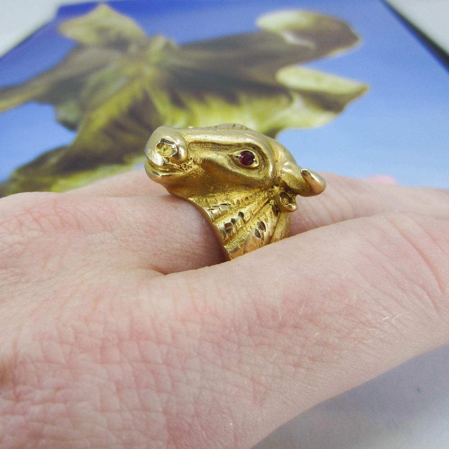 SOLD--Giant Bull Ring with Ruby Eyes 14k c. 1960