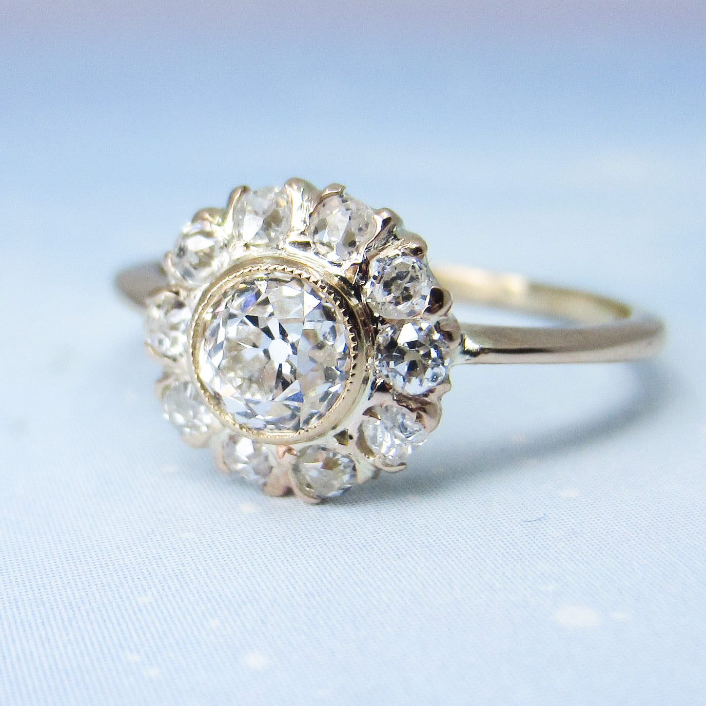 SOLD--Edwardian Old European Diamond Cluster Engagement Ring 14k