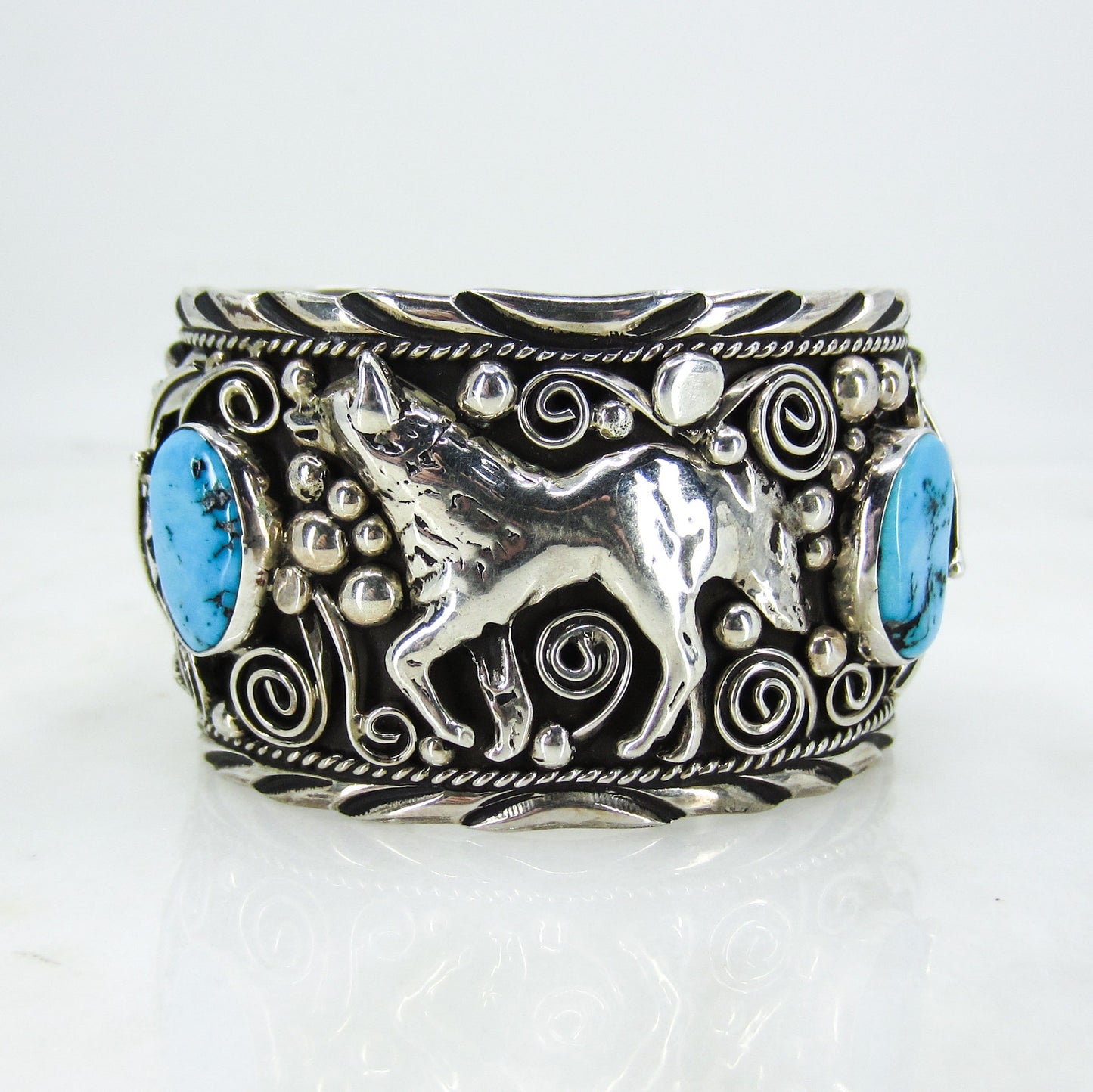 Vintage Navajo Turquoise Wolf Cuff Sterling, Lee Thompson c. 1970