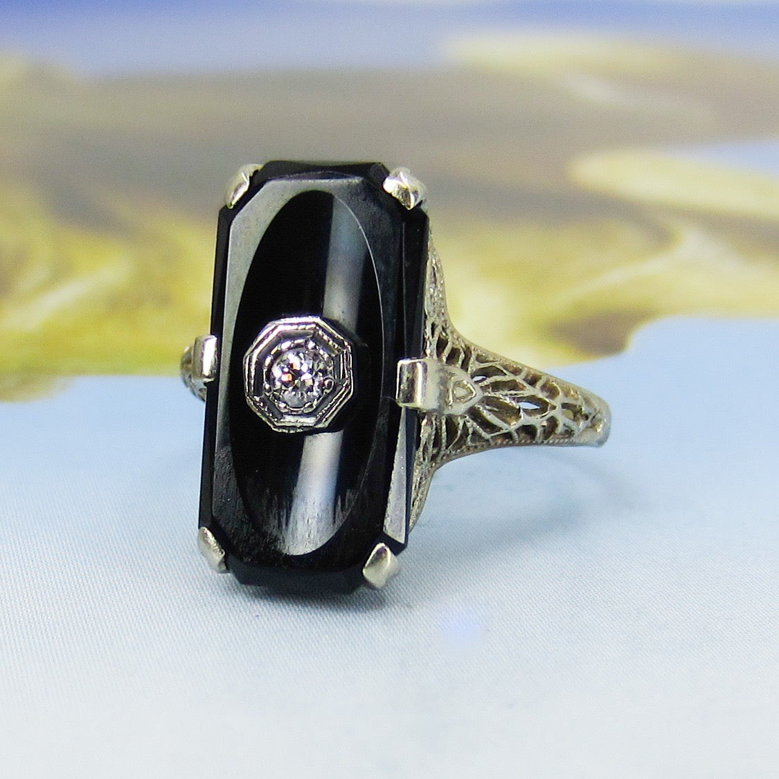 SOLD--Art Deco Onyx and Diamond Filigree Ring 14k c. 1930