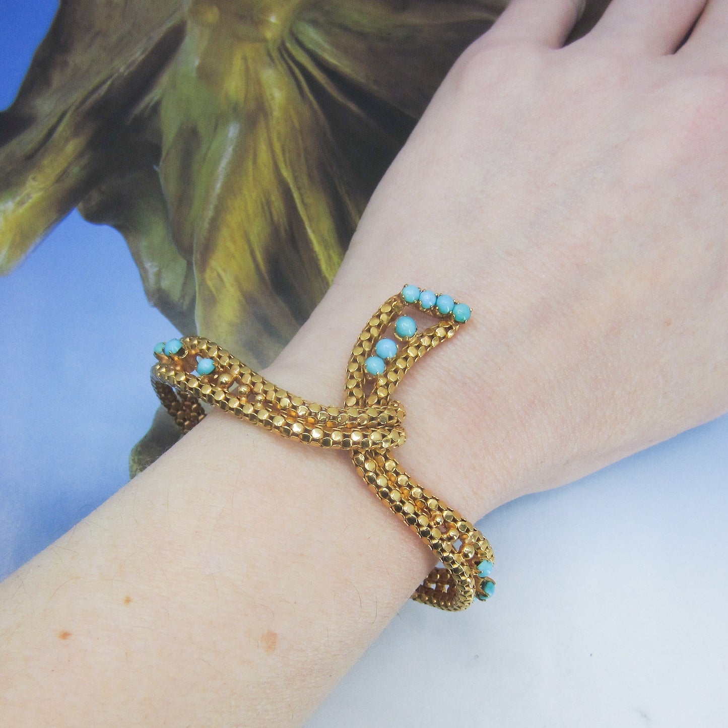 Retro Turquoise Mesh Bracelet 18k c. 1940