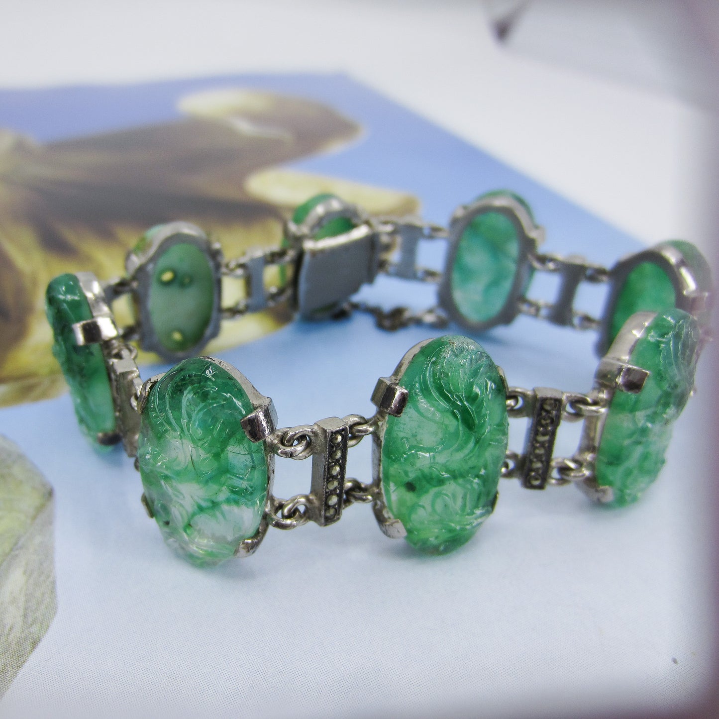 Art Deco Jade Glass and Marcasite Bracelet Sterling, French c. 1920