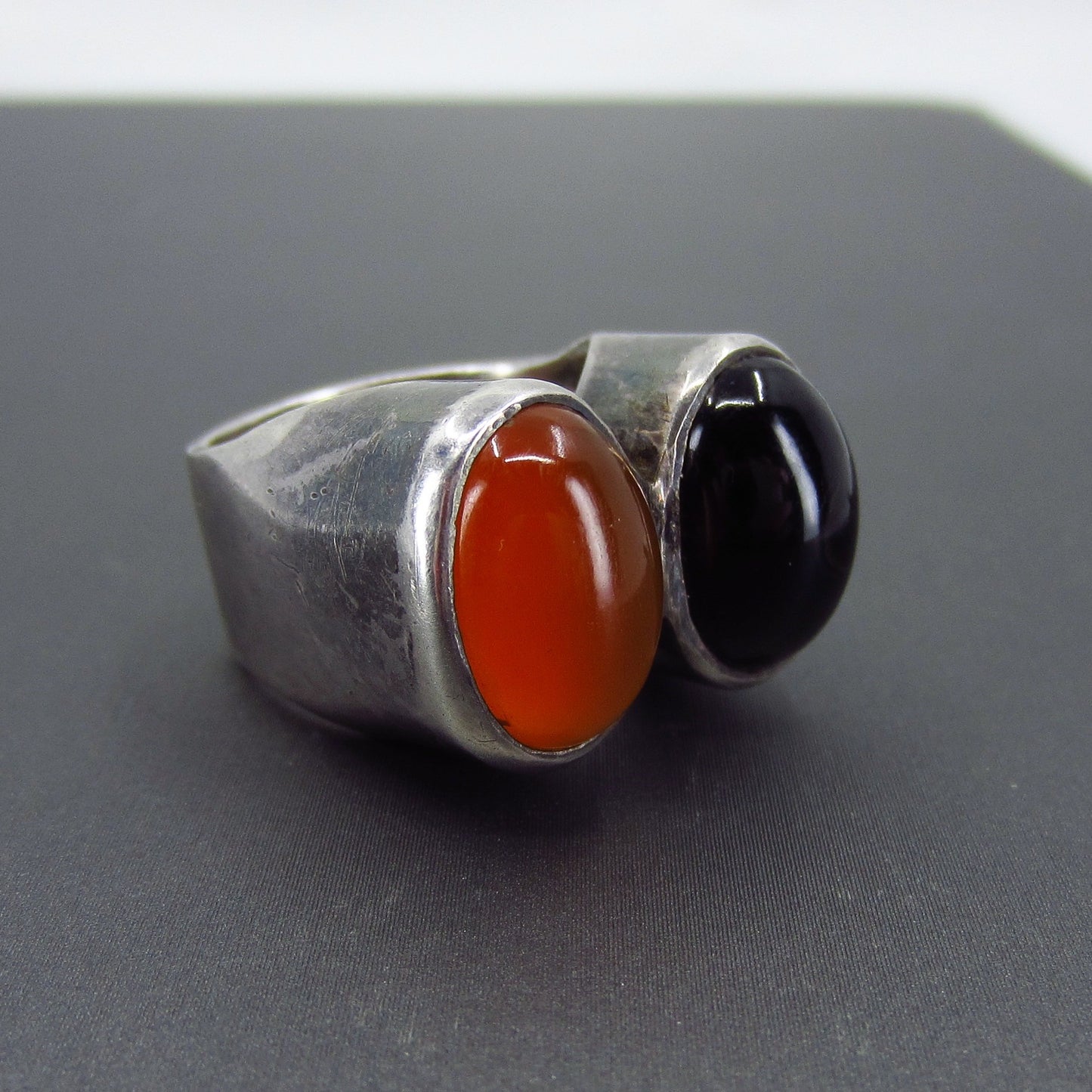 SOLD--Modernist Carnelian and Onyx Cabochon Ring Sterling c. 1970