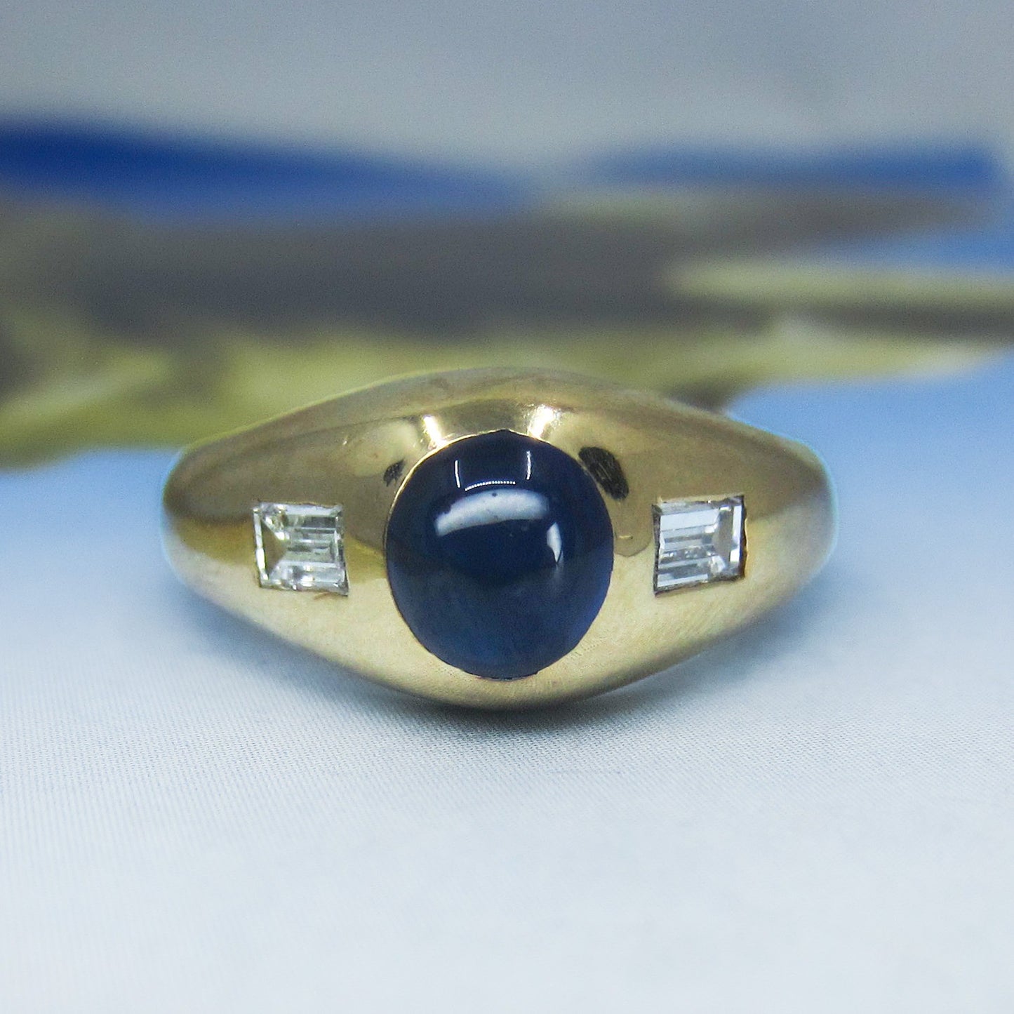 Art Deco Sapphire Cabochon and Diamond Ring 14k c. 1930