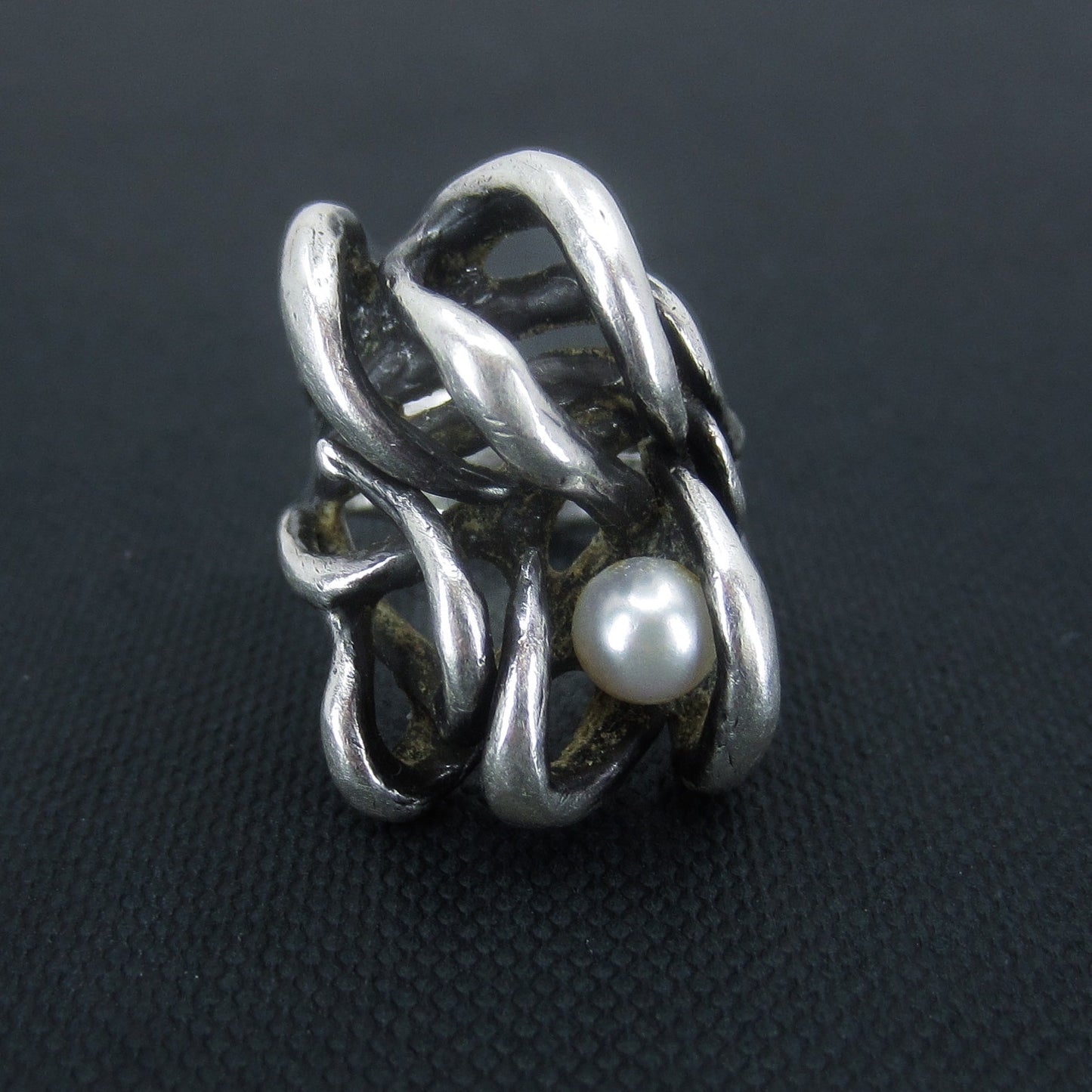 SOLD--Modernist Pearl Sculptural Ring Sterling, Eben Haskell c. 1970