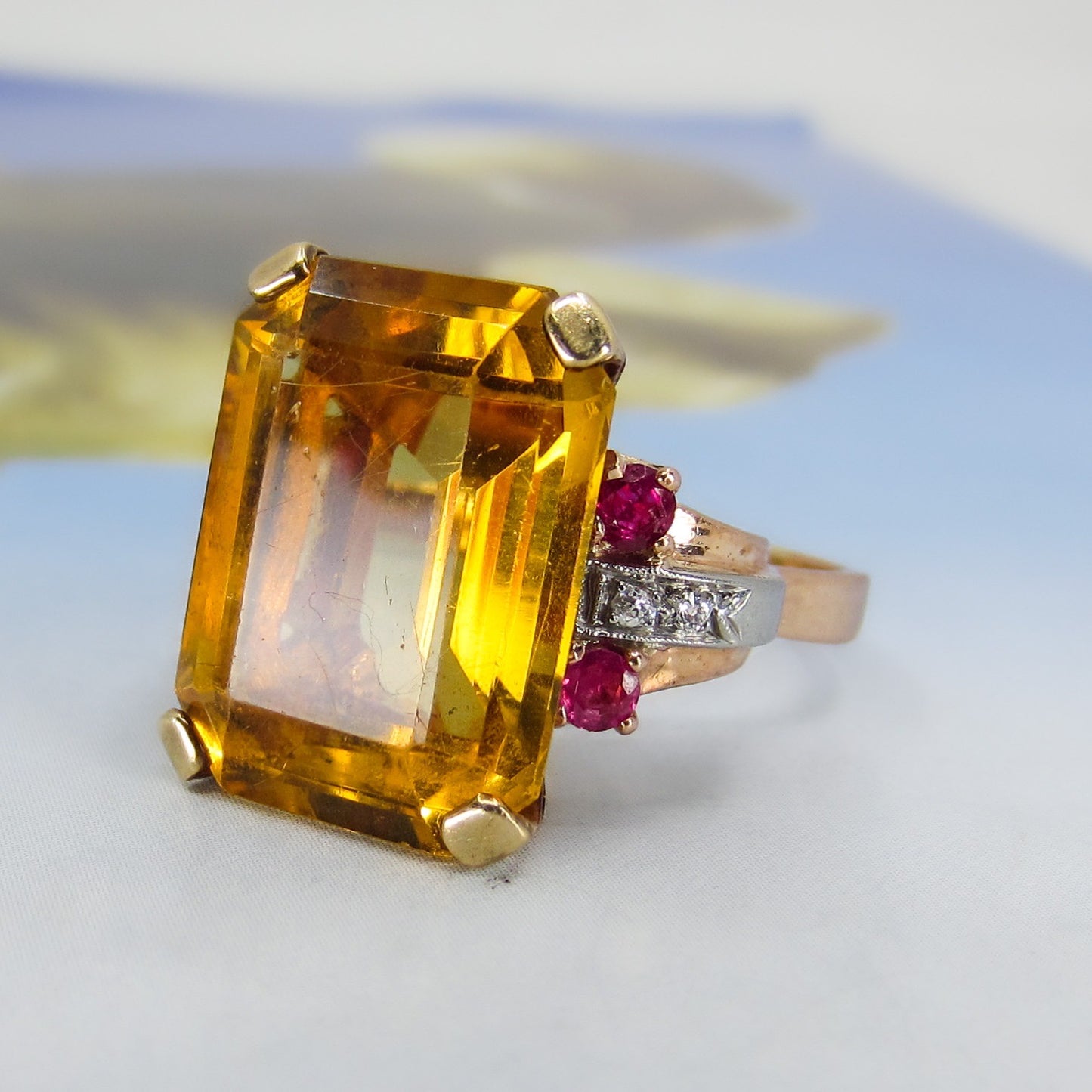 SOLD-Retro Citrine, Ruby and Diamond Cocktail Ring 14k c. 1940