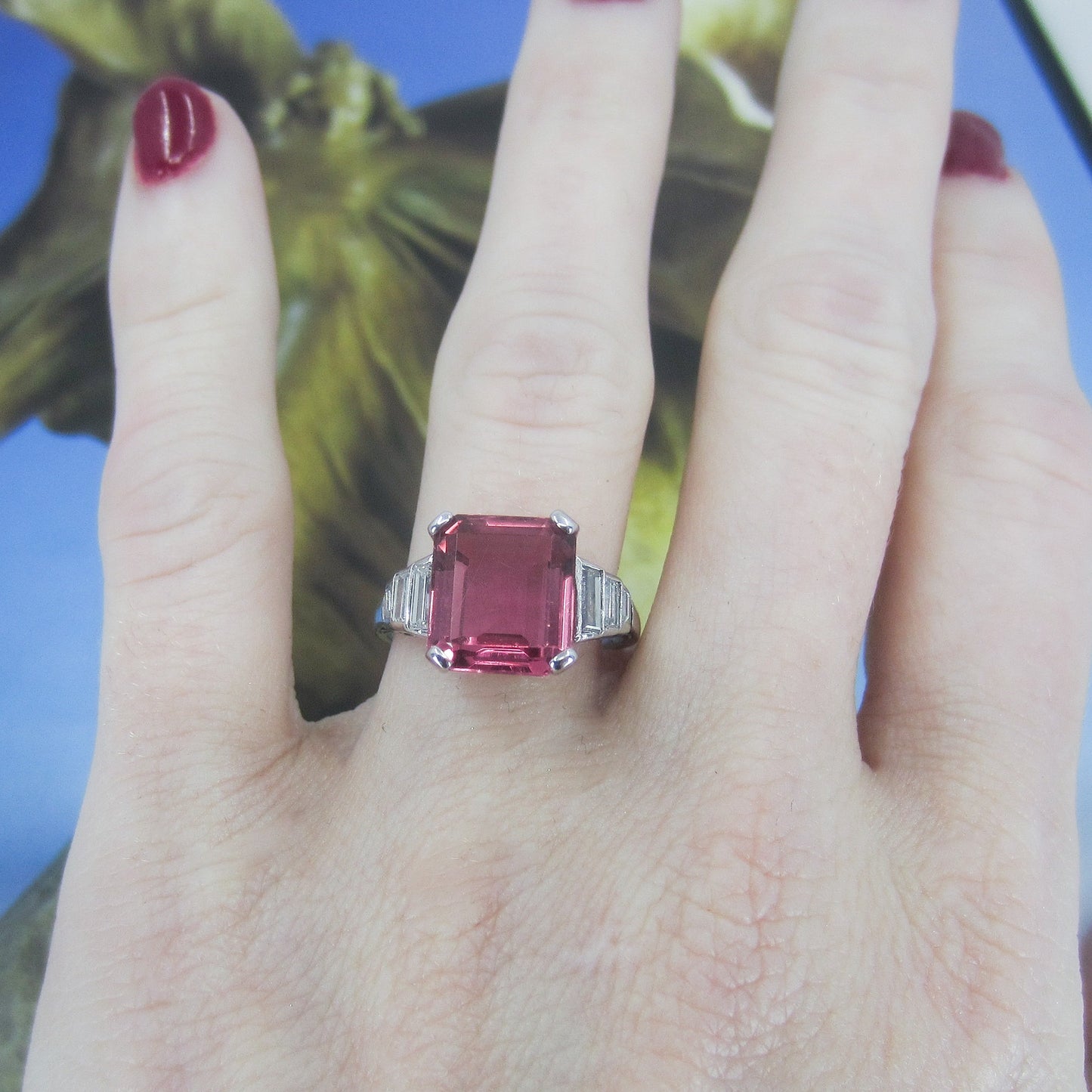 Vintage Pink Tourmaline and Baguette Diamond Ring Platinum c. 1980