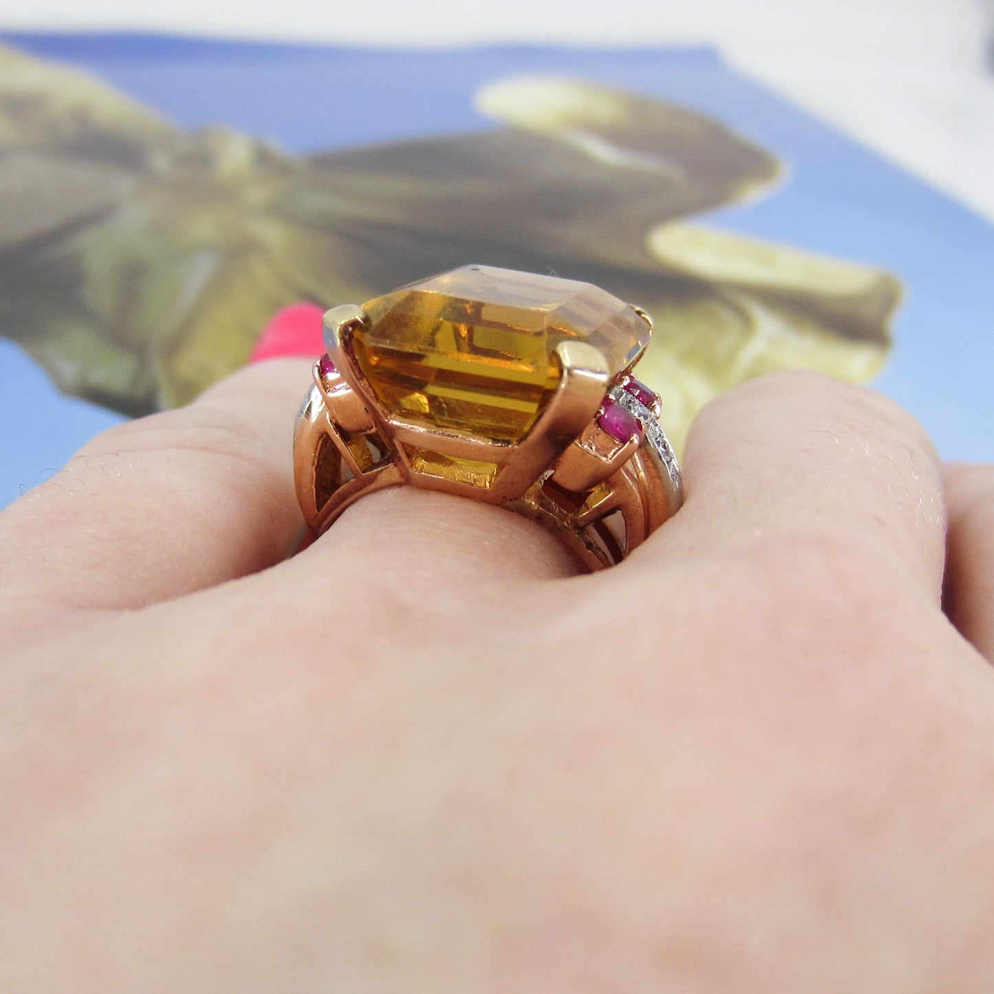 SOLD-Retro Citrine, Ruby and Diamond Cocktail Ring 14k c. 1940