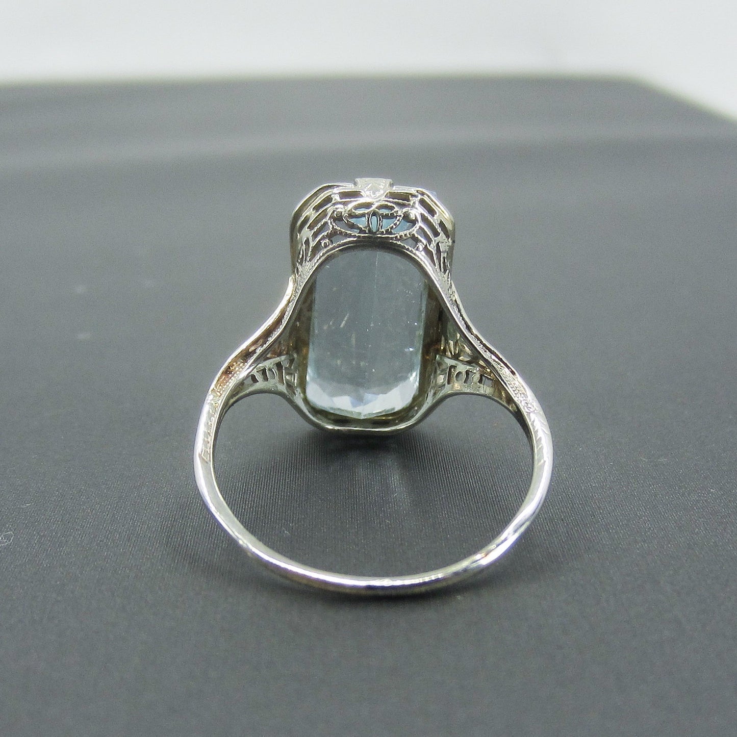 SOLD—Art Deco Aquamarine Filigree Ring 18k c. 1920