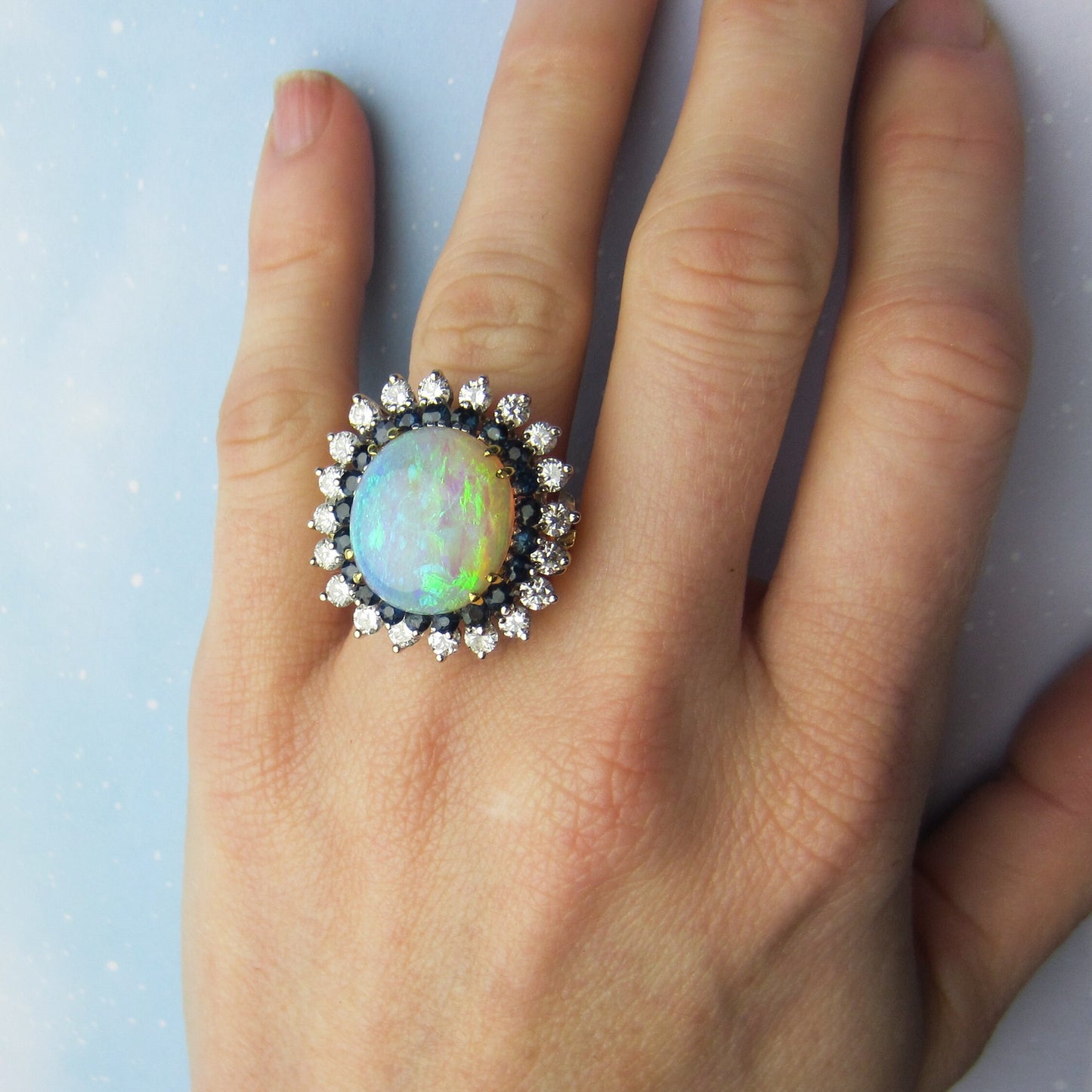 SOLD--Fabulous Mid-Century Opal, Diamond and Sapphire Ring 18k c. 1960