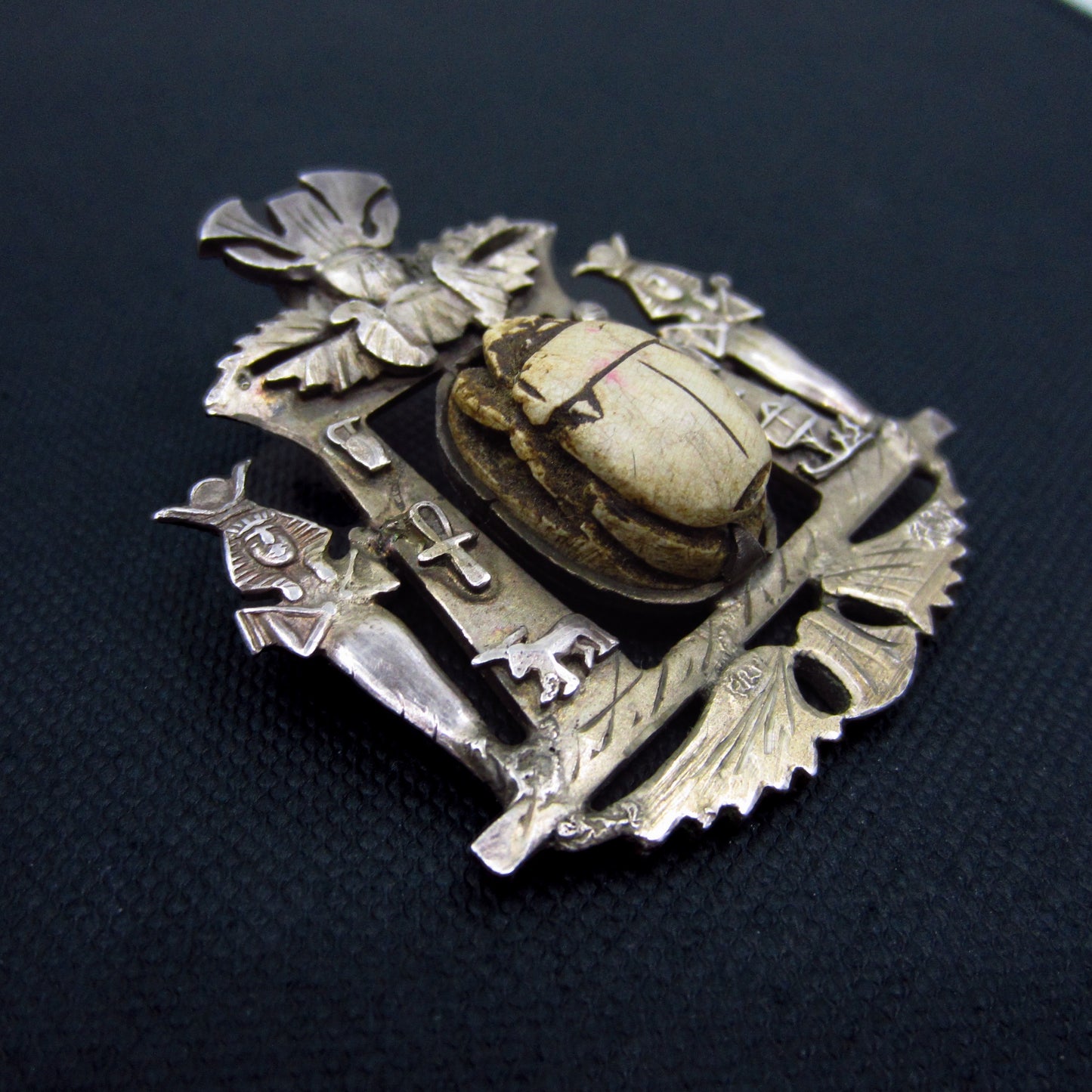 SOLD-Art Deco Egyptian Revival Faience Scarab Brooch Silver c. 1930