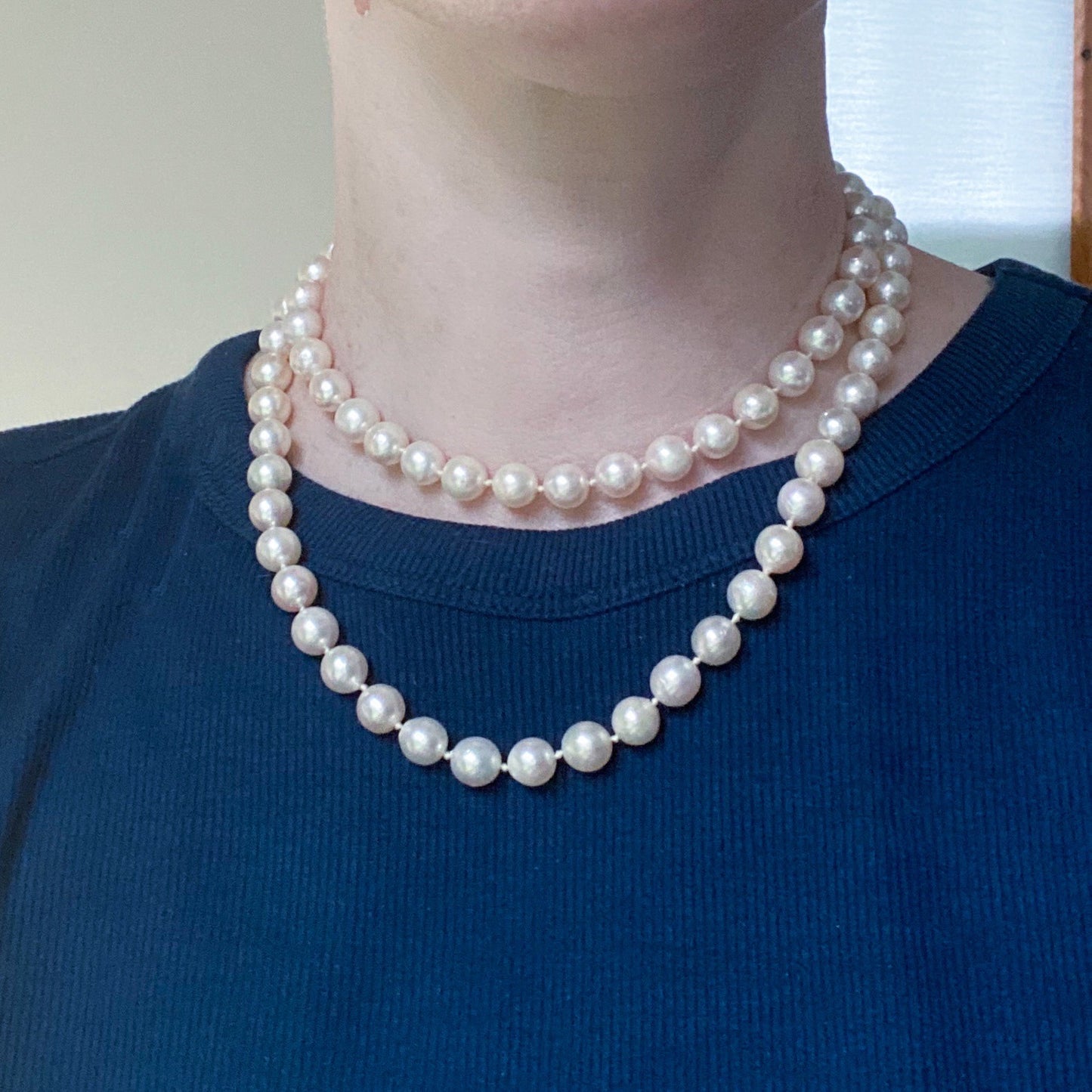 Mid-Century 32” 8.7mm Cultured Pearl Necklace w/Diamond Clasp c. 1960