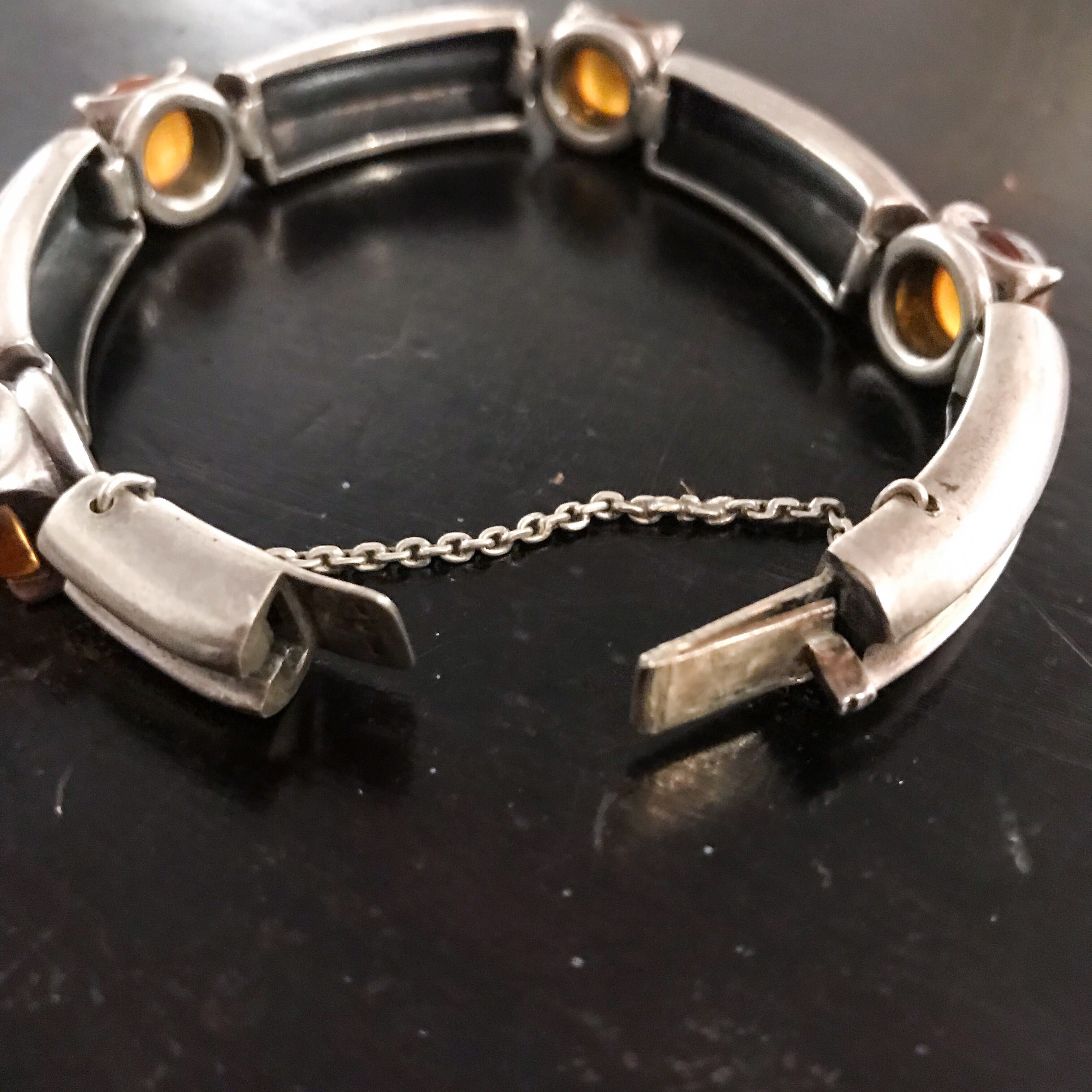 Vintage Mid-Century Modernist 925 Sterling Silver & Genuine Amber Cabochon hotsell Bracelet