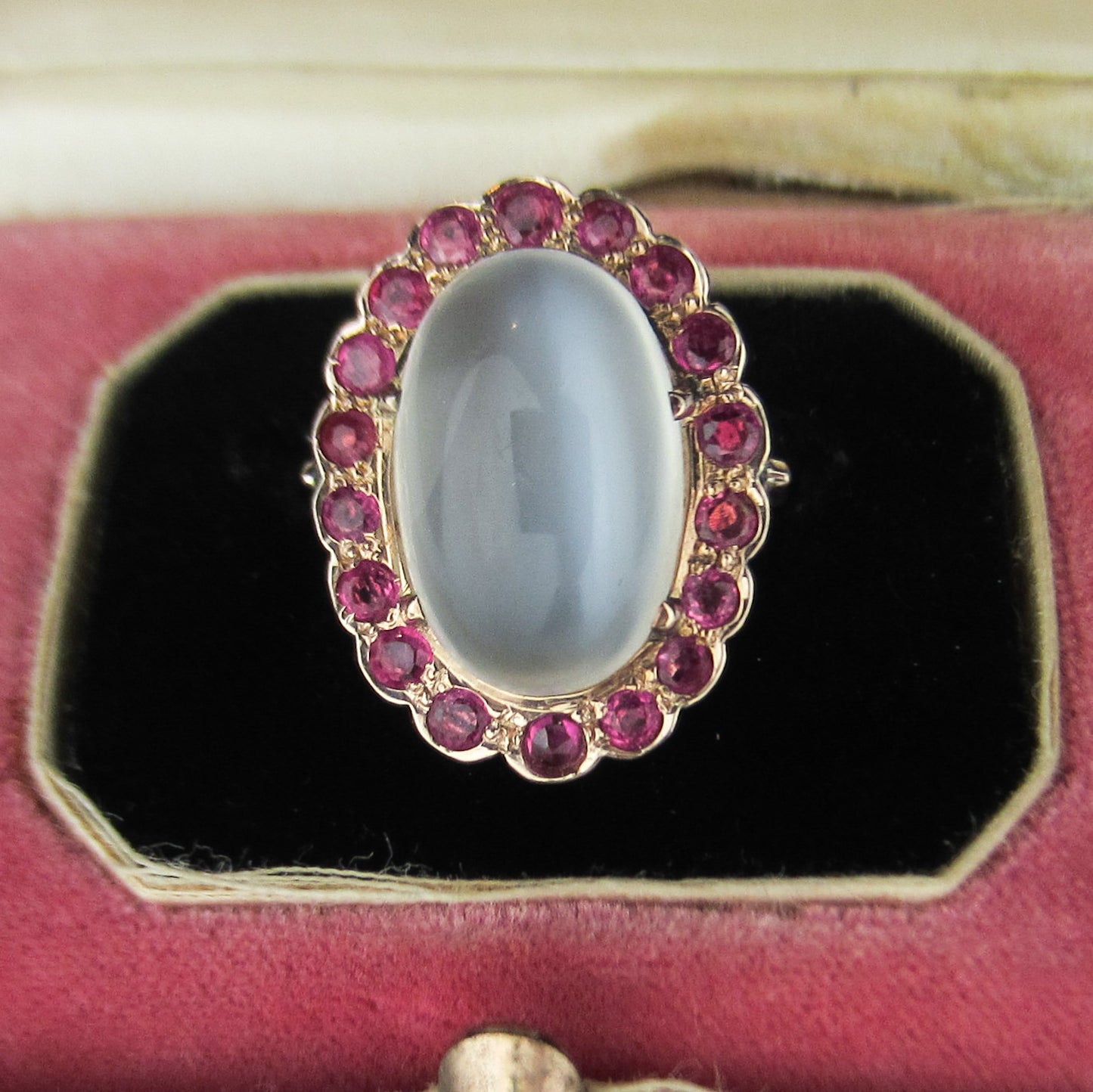 SOLD—Retro Moonstone and Ruby Ring 14k c. 1940