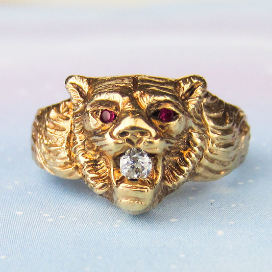 SOLD--Vintage Diamond and Ruby Lion Ring 14k c. 1940