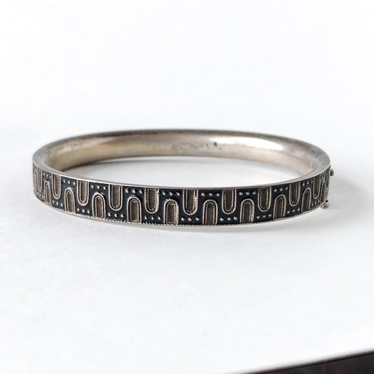 SOLD-Art Deco Black Enamel Patterned Bracelet Silver c. 1920, Vienna