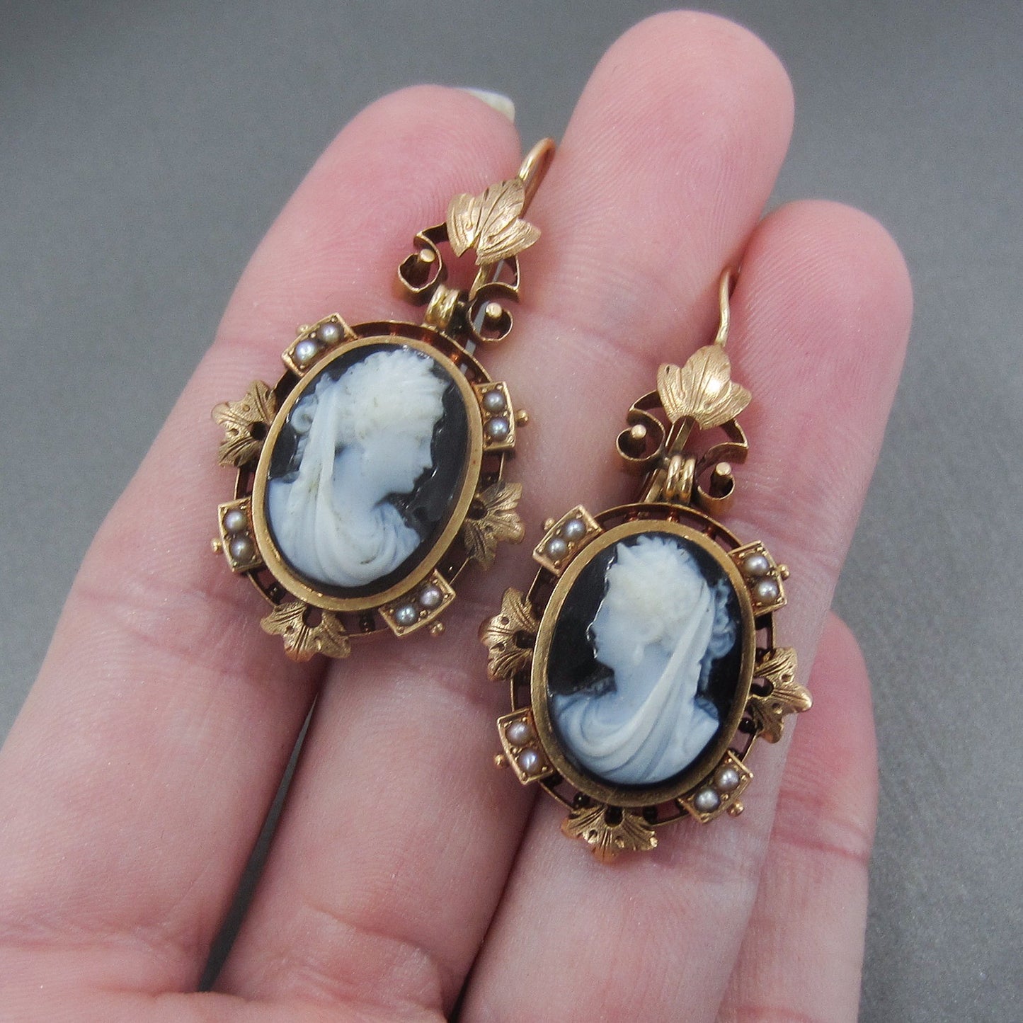 SOLD— Victorian Hardstone Cameo and Pearl Earrings 14k c. 1880