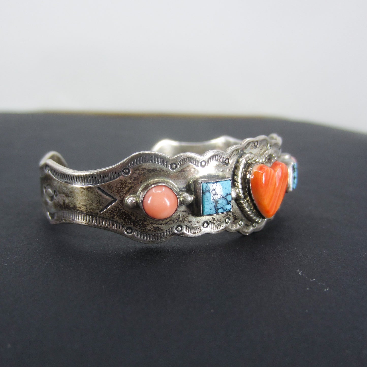 Vintage Coral, Turquoise and Spiny Oyster Heart Cuff Sterling