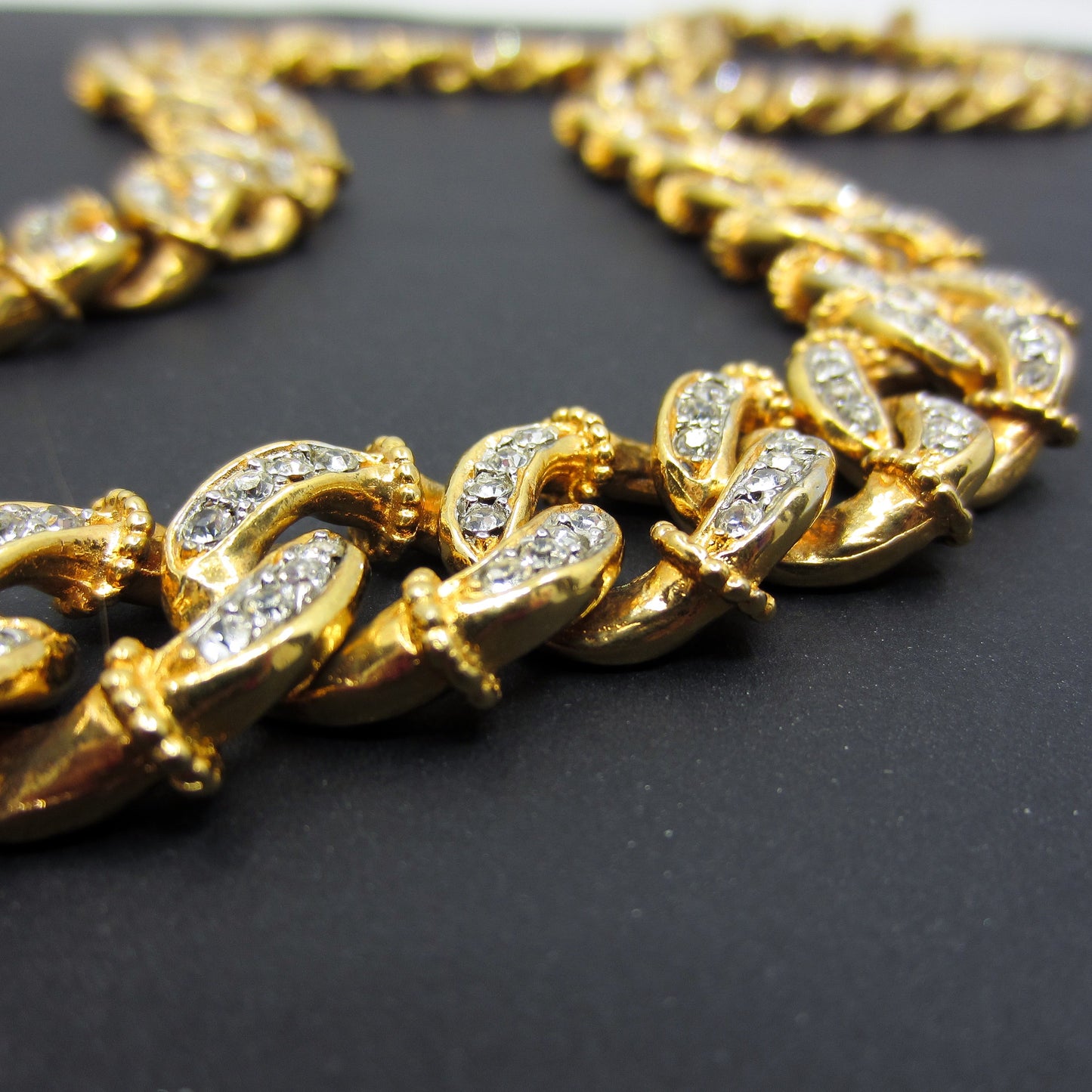 SOLD--Vintage Massive KJL Crystal Curb Link Chain Gold Plate c 1960’s