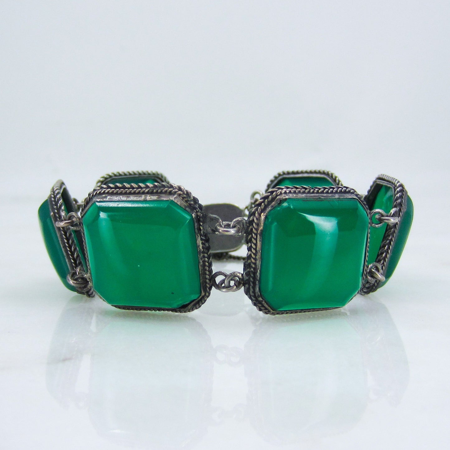 SOLD-Art Deco Green Chalcedony Bracelet Sterling c. 1930