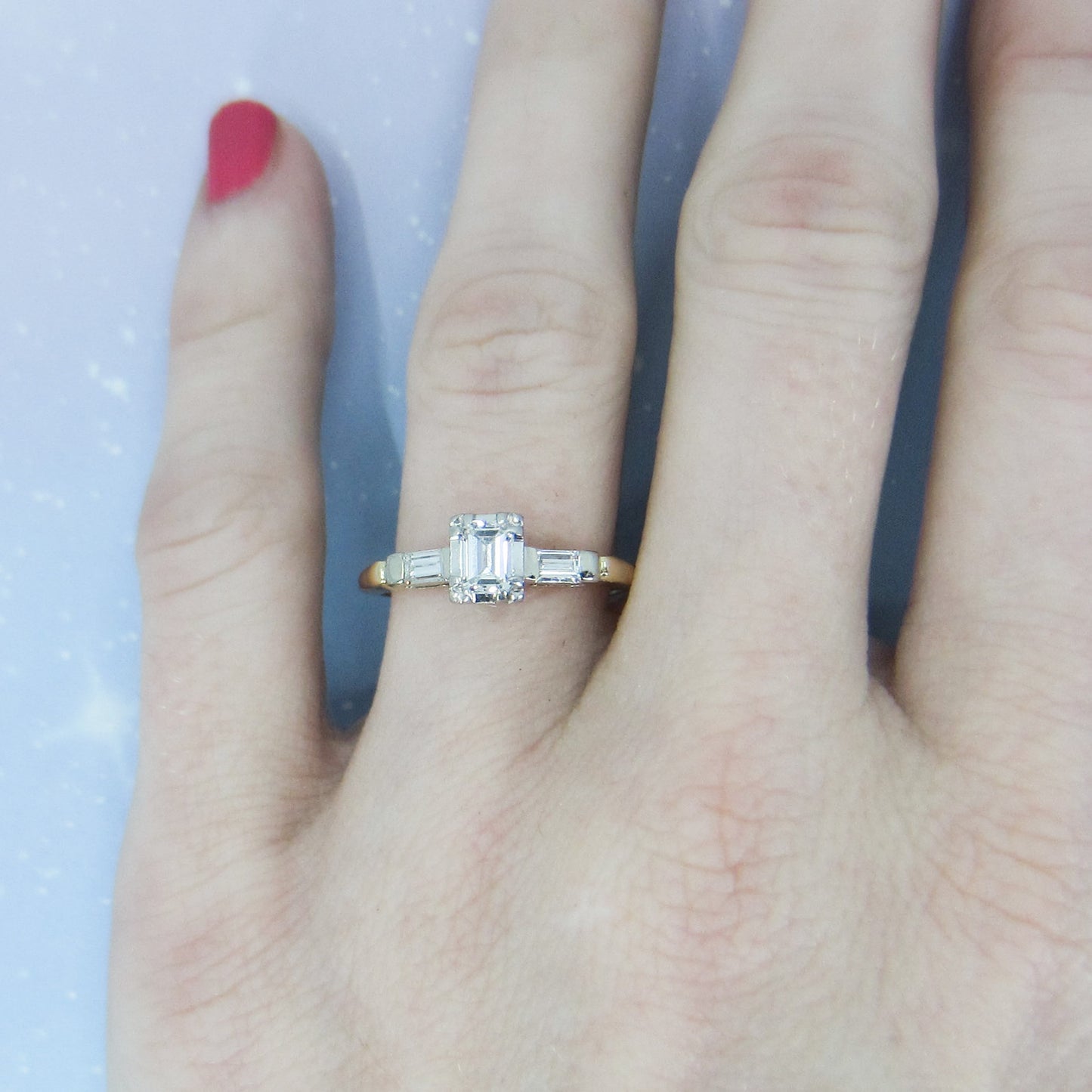 SOLD--Vintage Emerald Cut Diamond Engagement Ring Plat/14k c. 1940