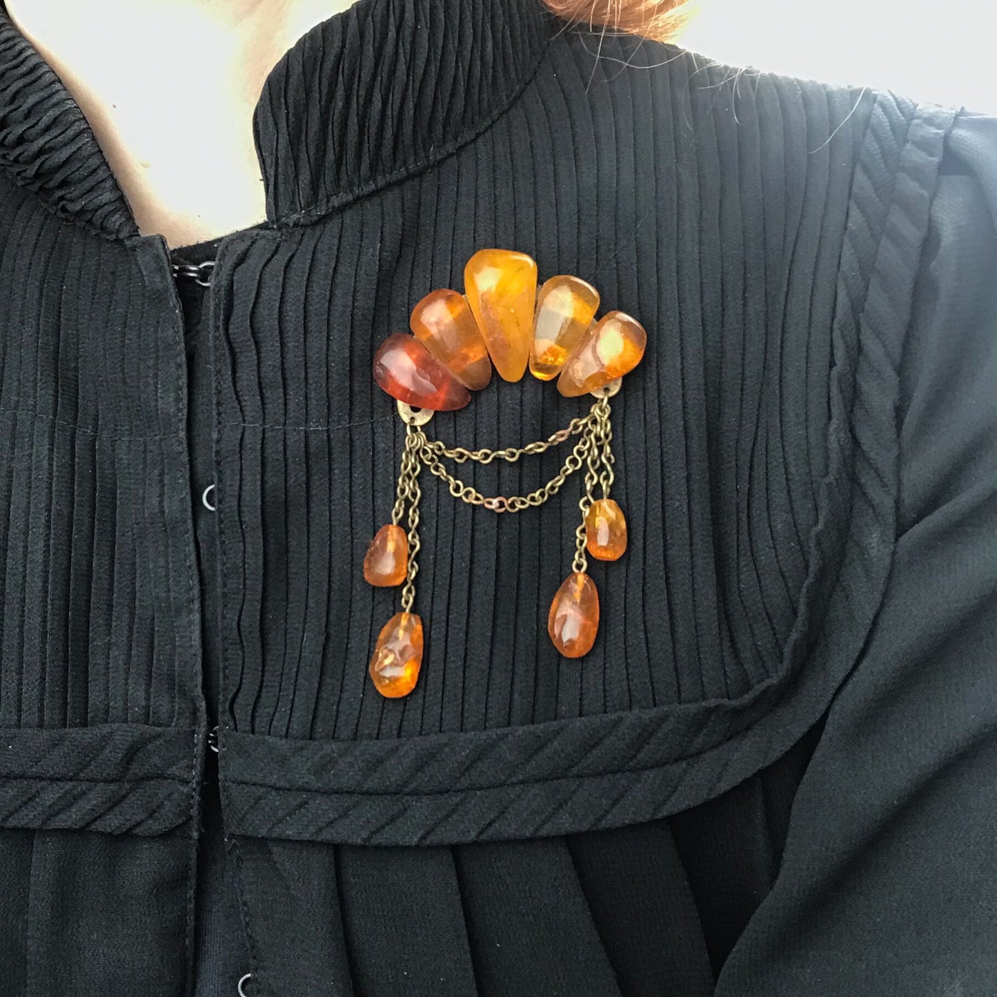 SOLD--Art Deco Amber Drop Brooch Brass c. 1930