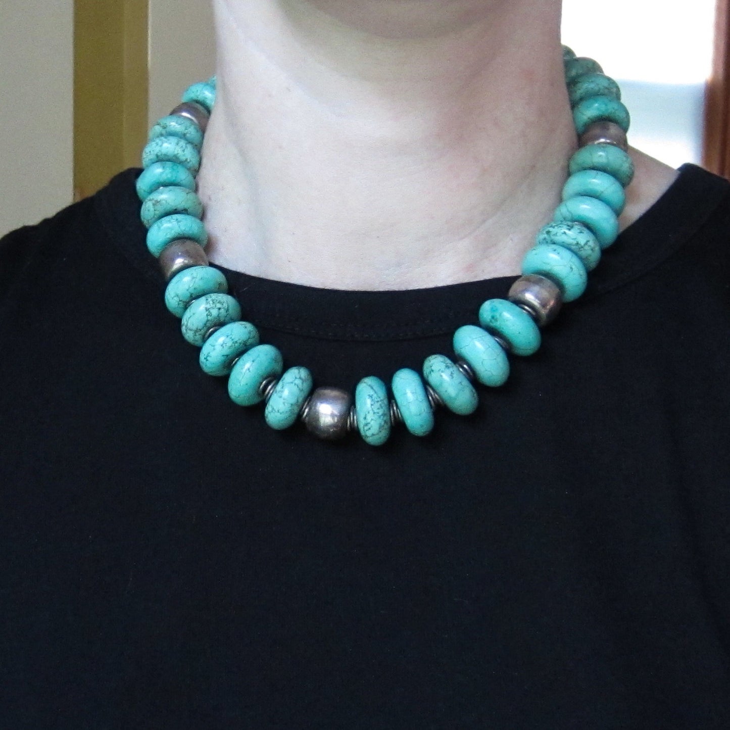 Vintage Chunky Turquoise Bead Necklace Sterling c 1980