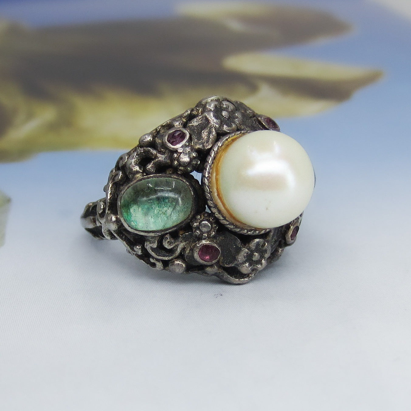 Vintage Renaissance Revival Pearl, Beryl and Garnet Ring Sterling, c. 1930