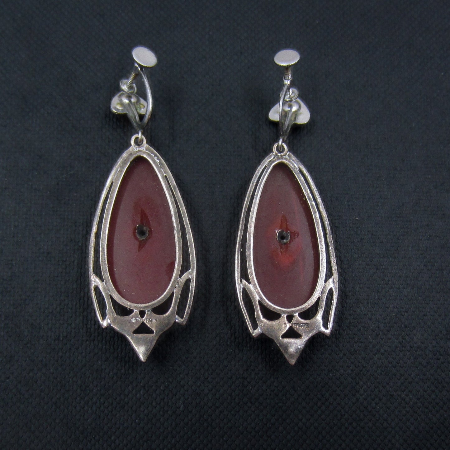 Art Deco Marcasite and Carnelian Drop Earrings Sterling c. 1920