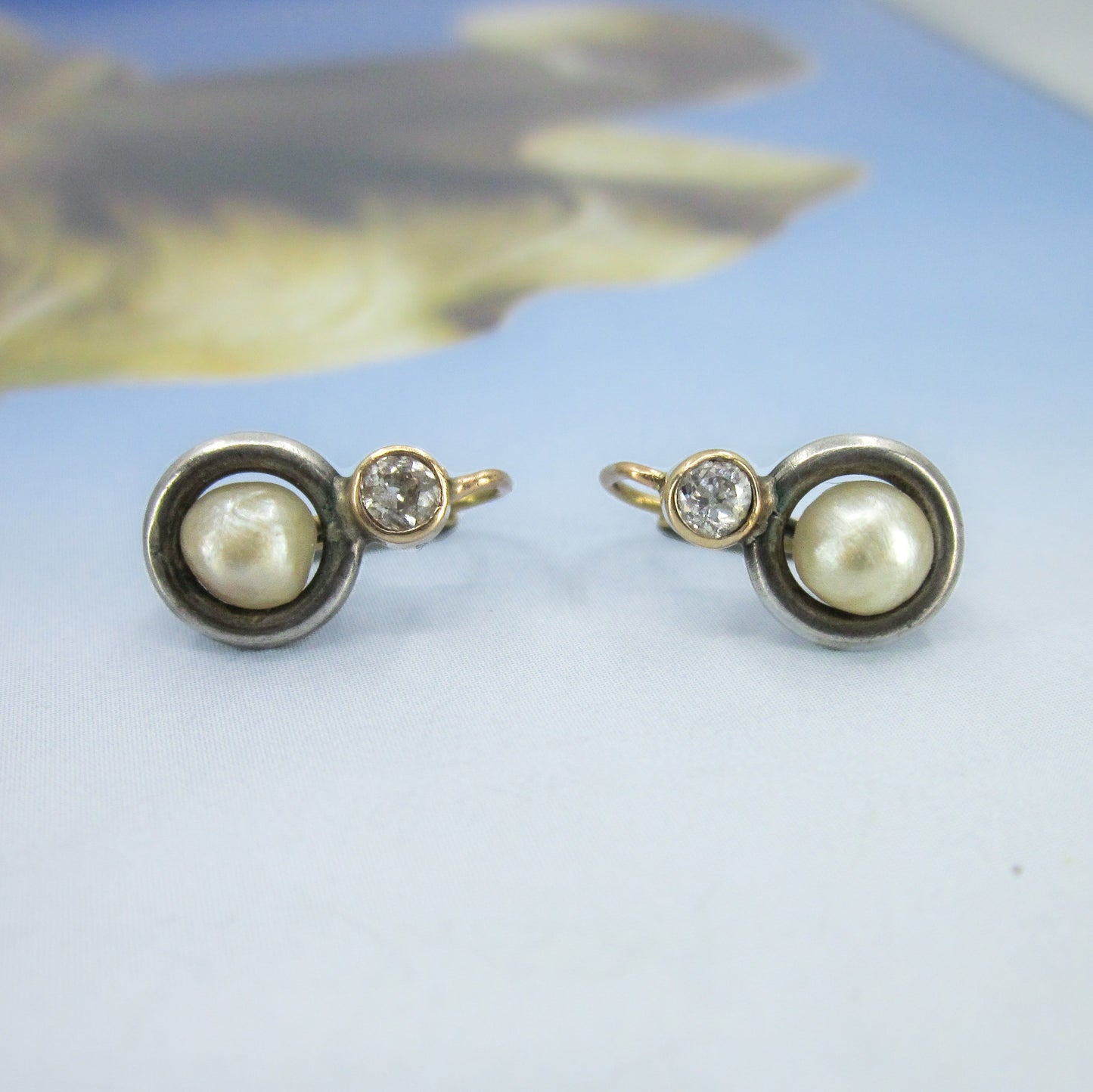 SOLD—Art Deco Old European Diamond and Pearl Earrings Silver/14 c. 1920