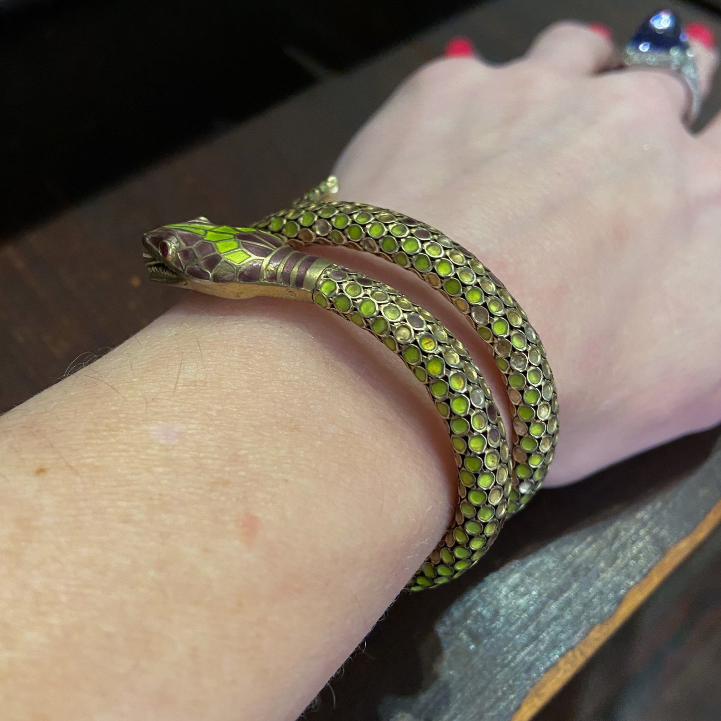 SOLD--Art Deco Enamel Coiled Snake Bracelet Gilt Sterling c. 1930