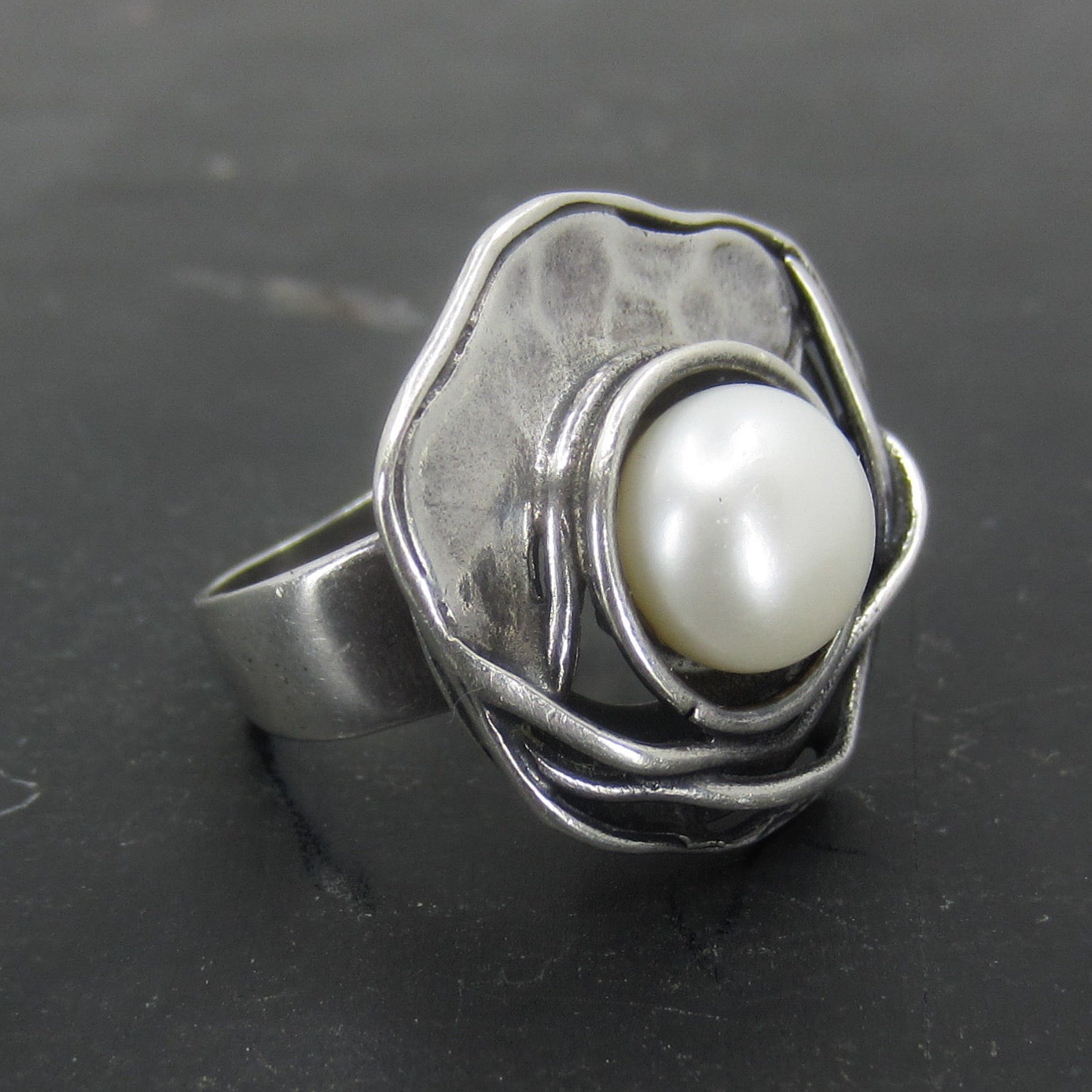 SOLD--Modernist Pearl Ring Sterling Silver c. 1970