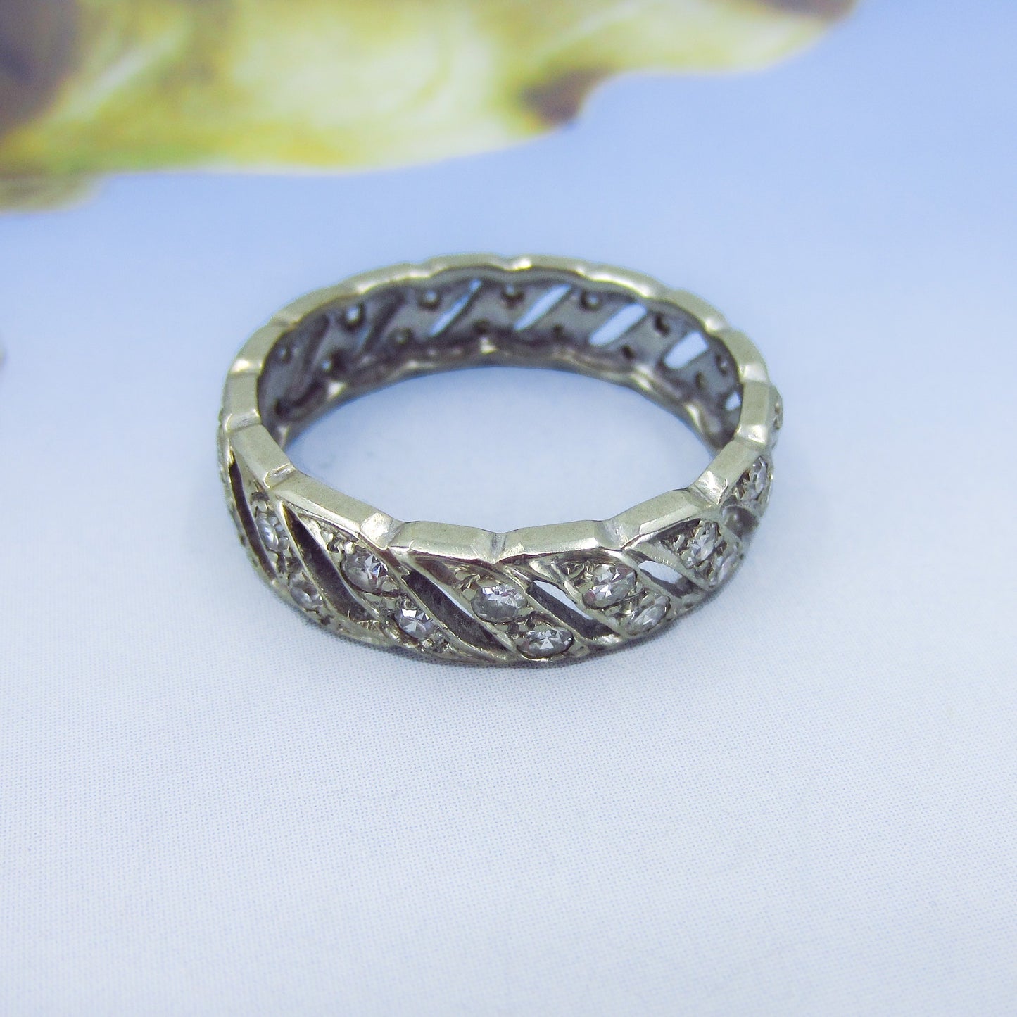 SOLD-Art Deco Wide Diamond Eternity Band 14k, size 10 c. 1930