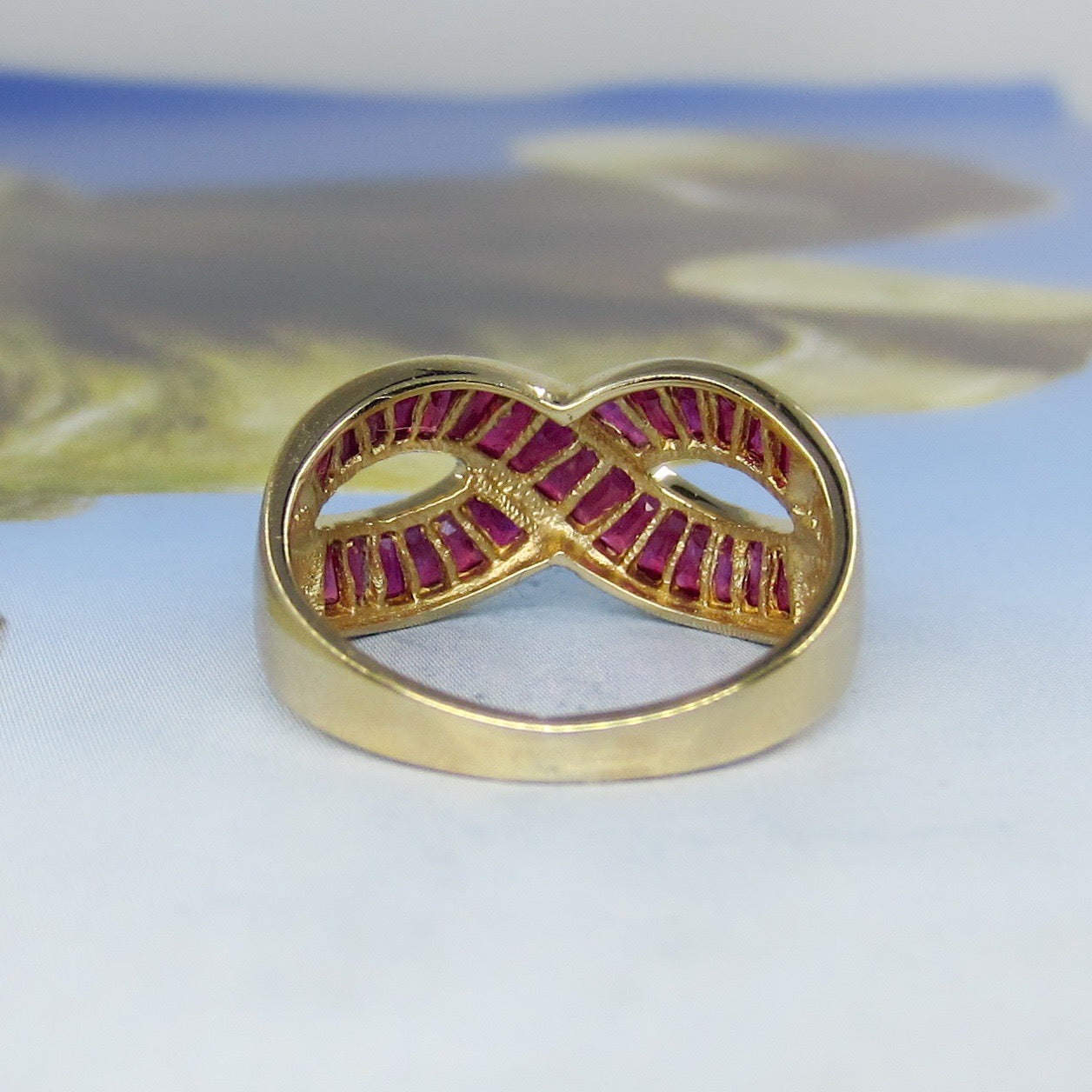 SOLD--Vintage 90’s Ruby Baguette Infinity Ring 14k c. 1995